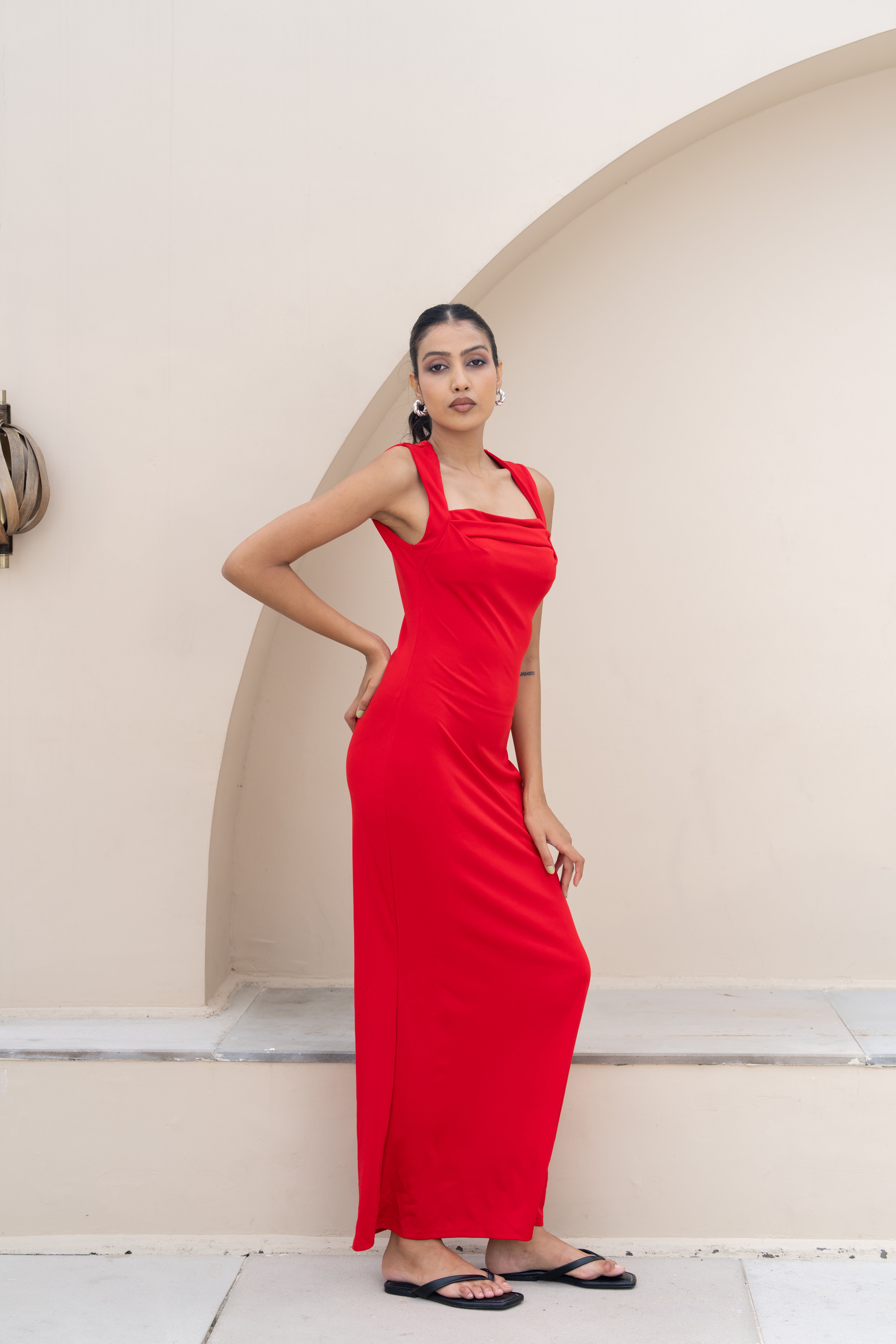 Scarlet Drape Neck Maxi Dress – Elegant Red Evening Gown
