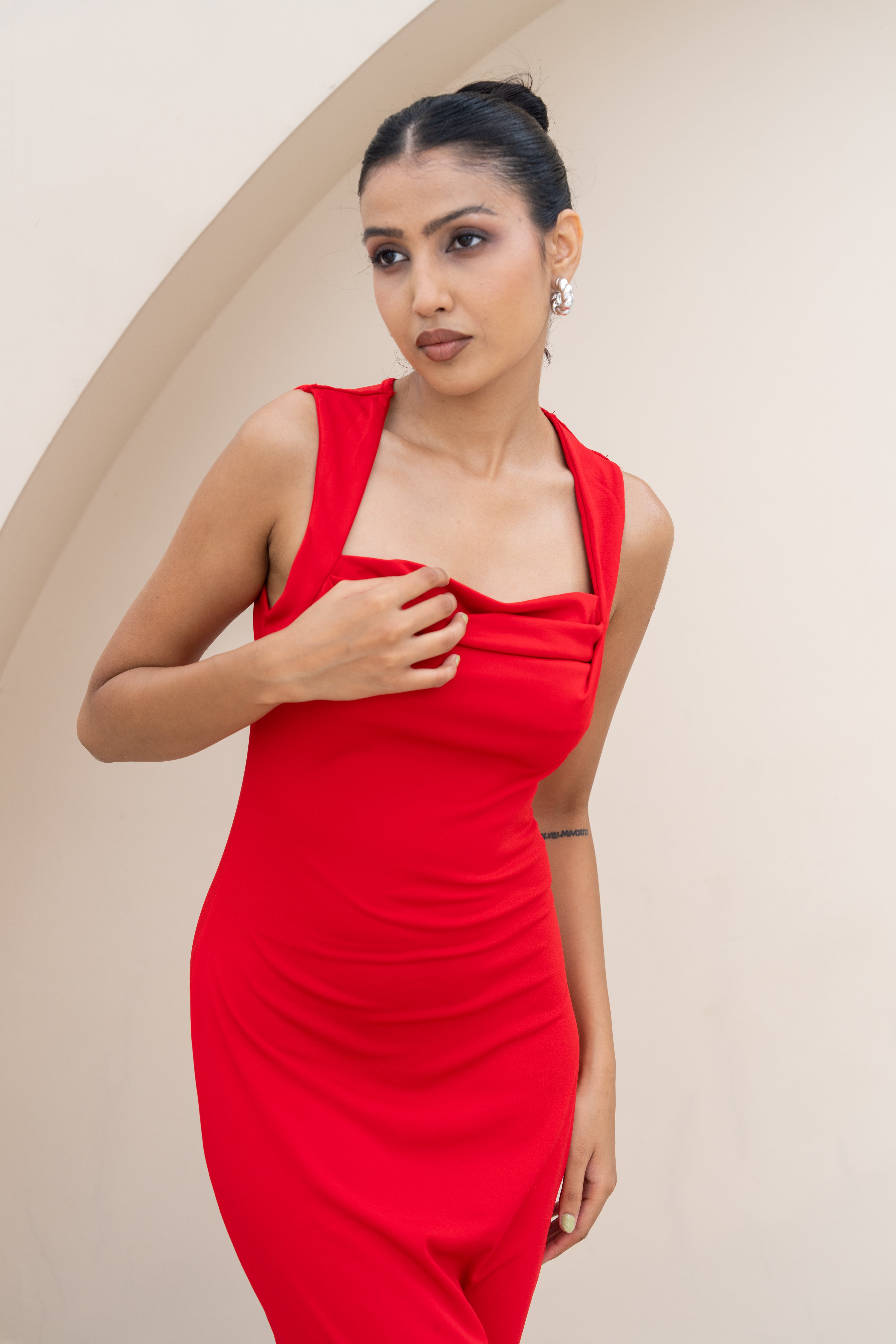 Scarlet Drape Neck Maxi Dress – Elegant Red Evening Gown