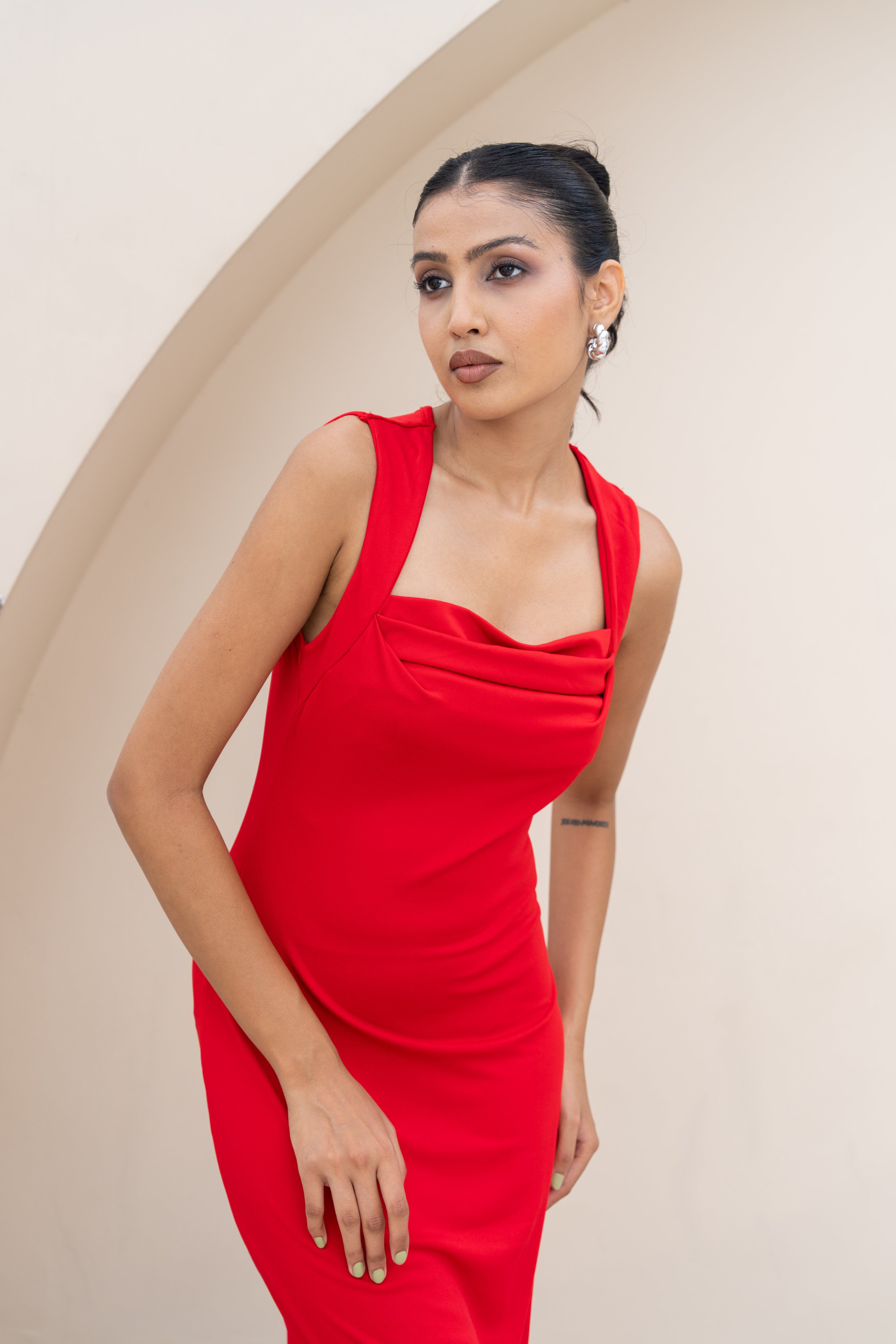 Scarlet Drape Neck Maxi Dress – Elegant Red Evening Gown