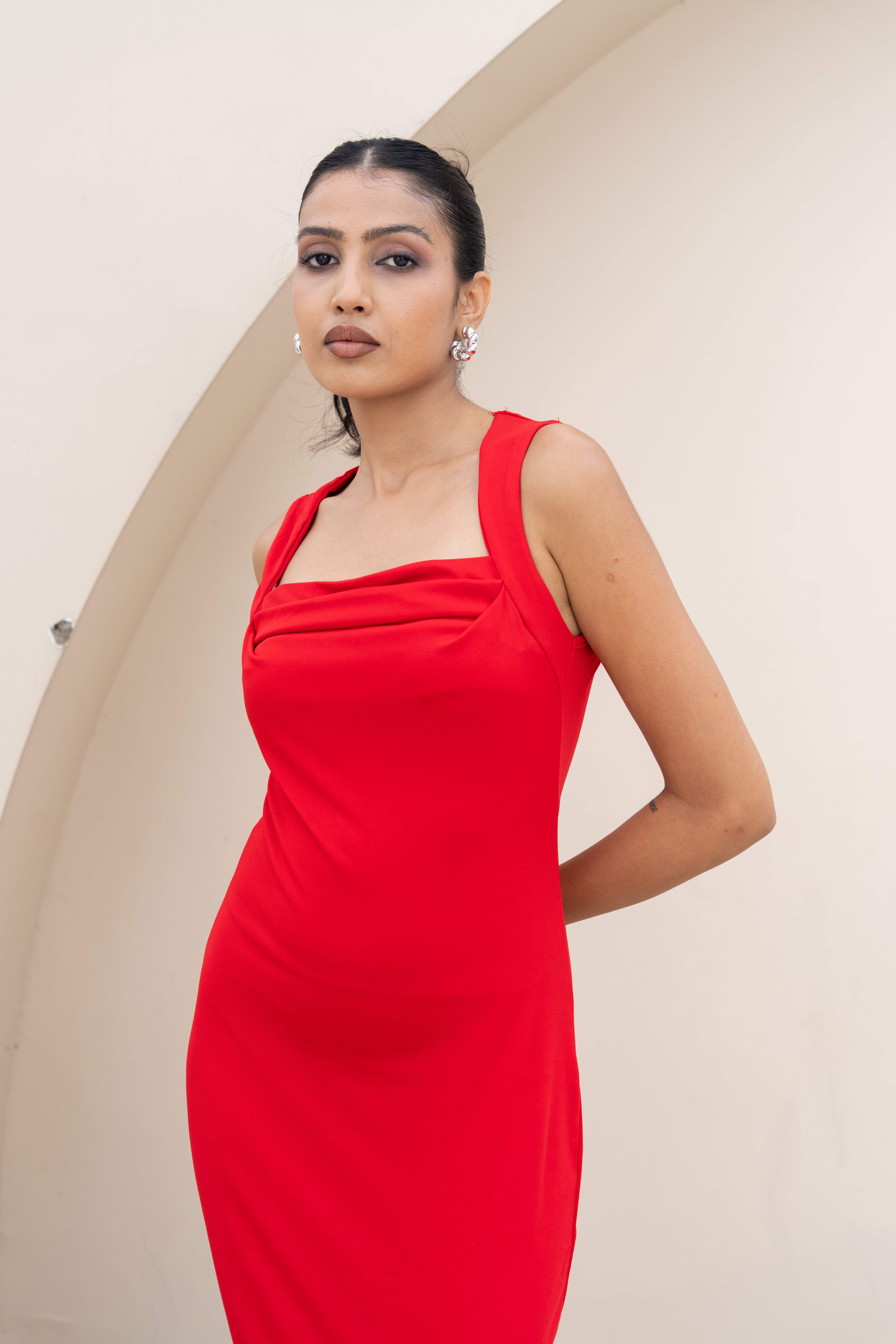 Scarlet Drape Neck Maxi Dress – Elegant Red Evening Gown