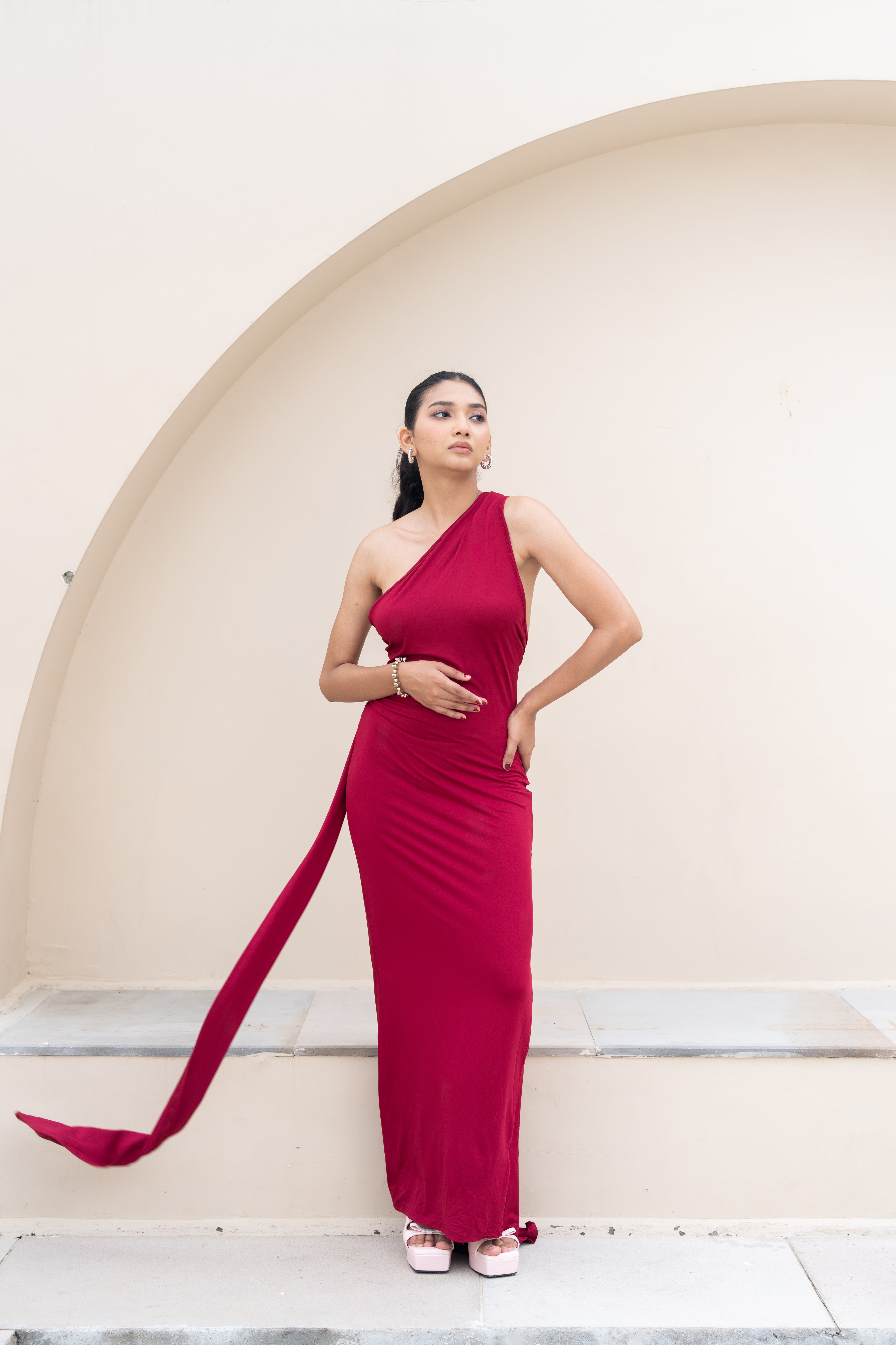 Stella Burgundy Drape One-Shoulder Maxi Dress – Backless Statement Gown