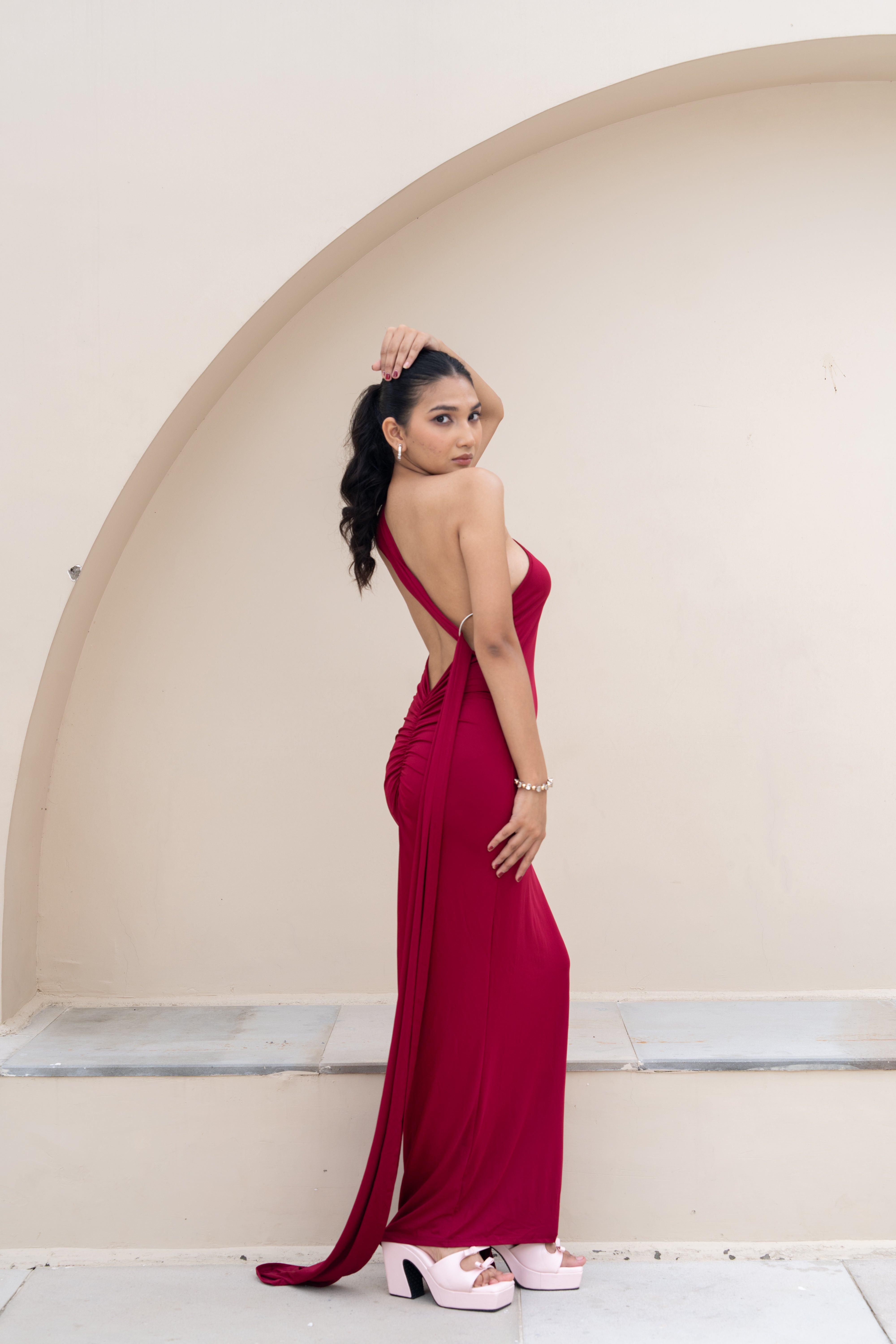 Stella Burgundy Drape One-Shoulder Maxi Dress – Backless Statement Gown
