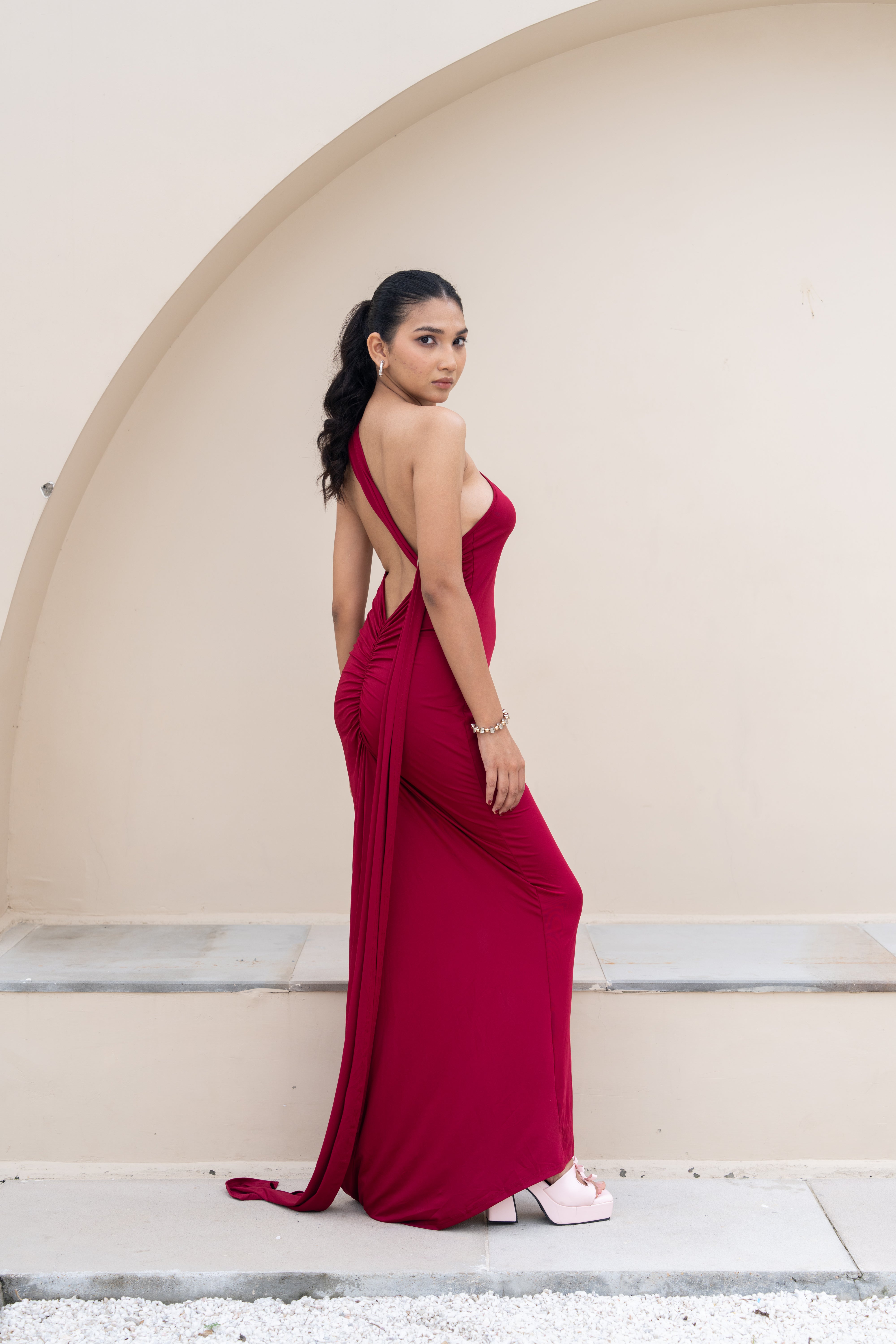Stella Burgundy Drape One-Shoulder Maxi Dress – Backless Statement Gown