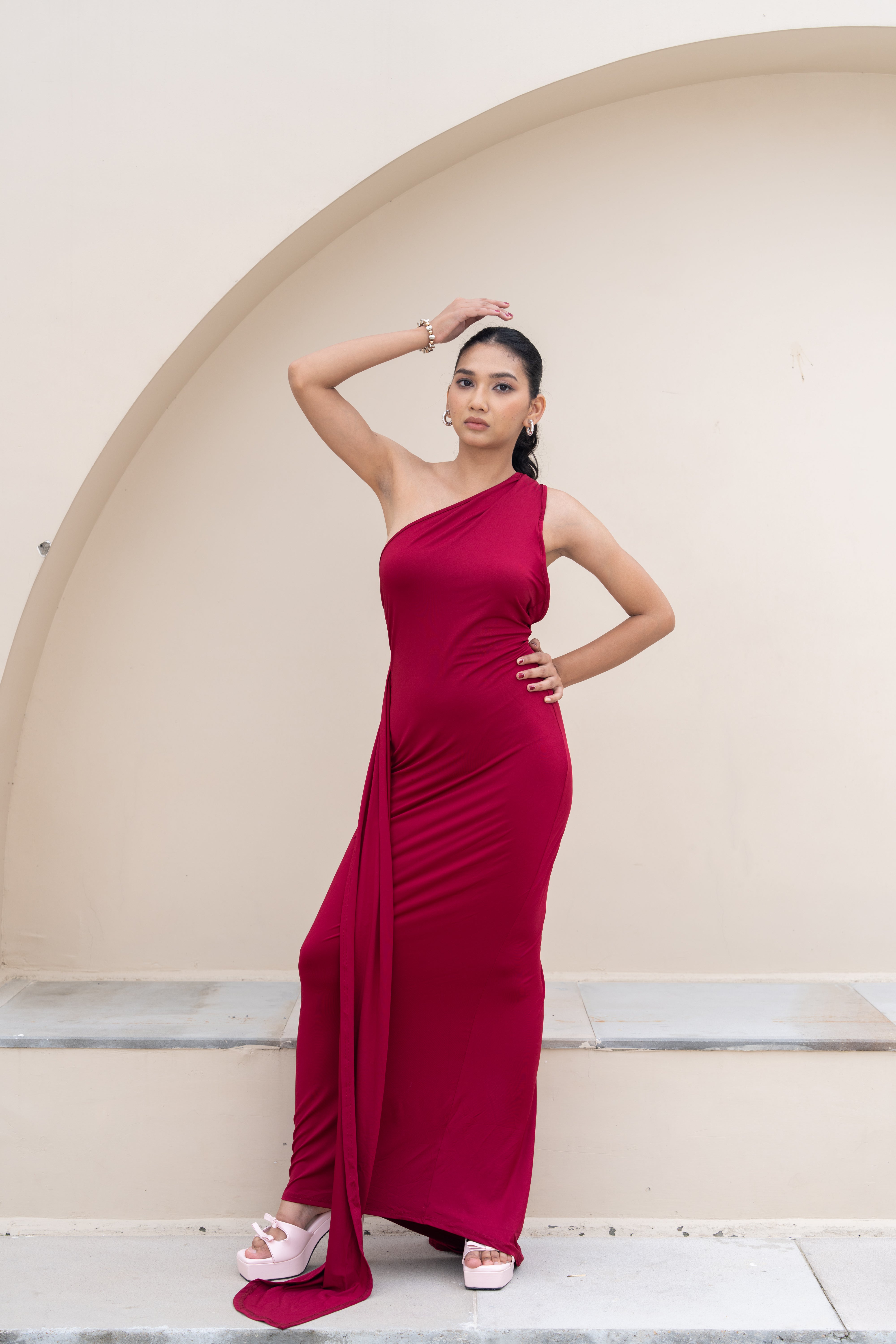 Stella Burgundy Drape One-Shoulder Maxi Dress – Backless Statement Gown