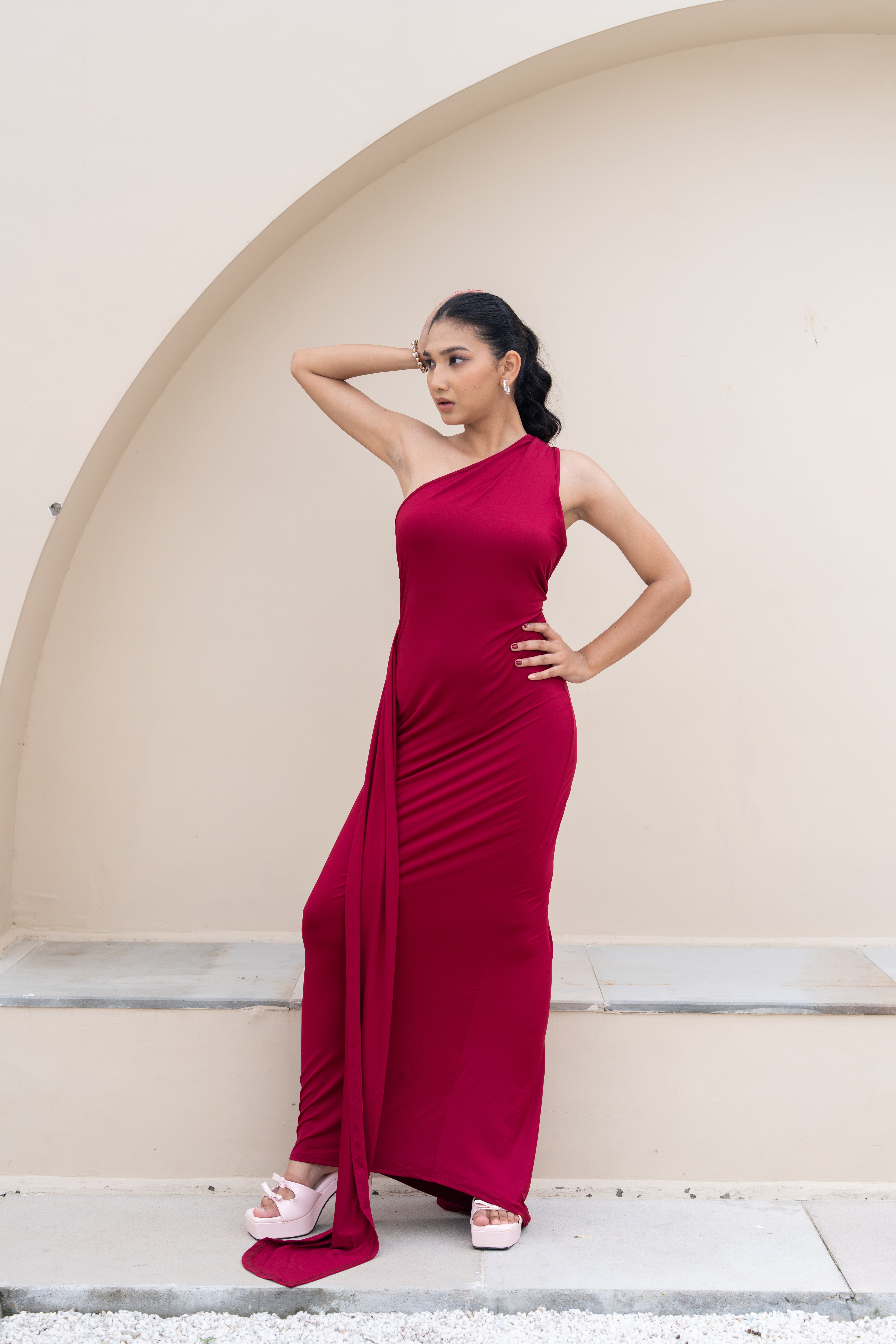 Stella Burgundy Drape One-Shoulder Maxi Dress – Backless Statement Gown