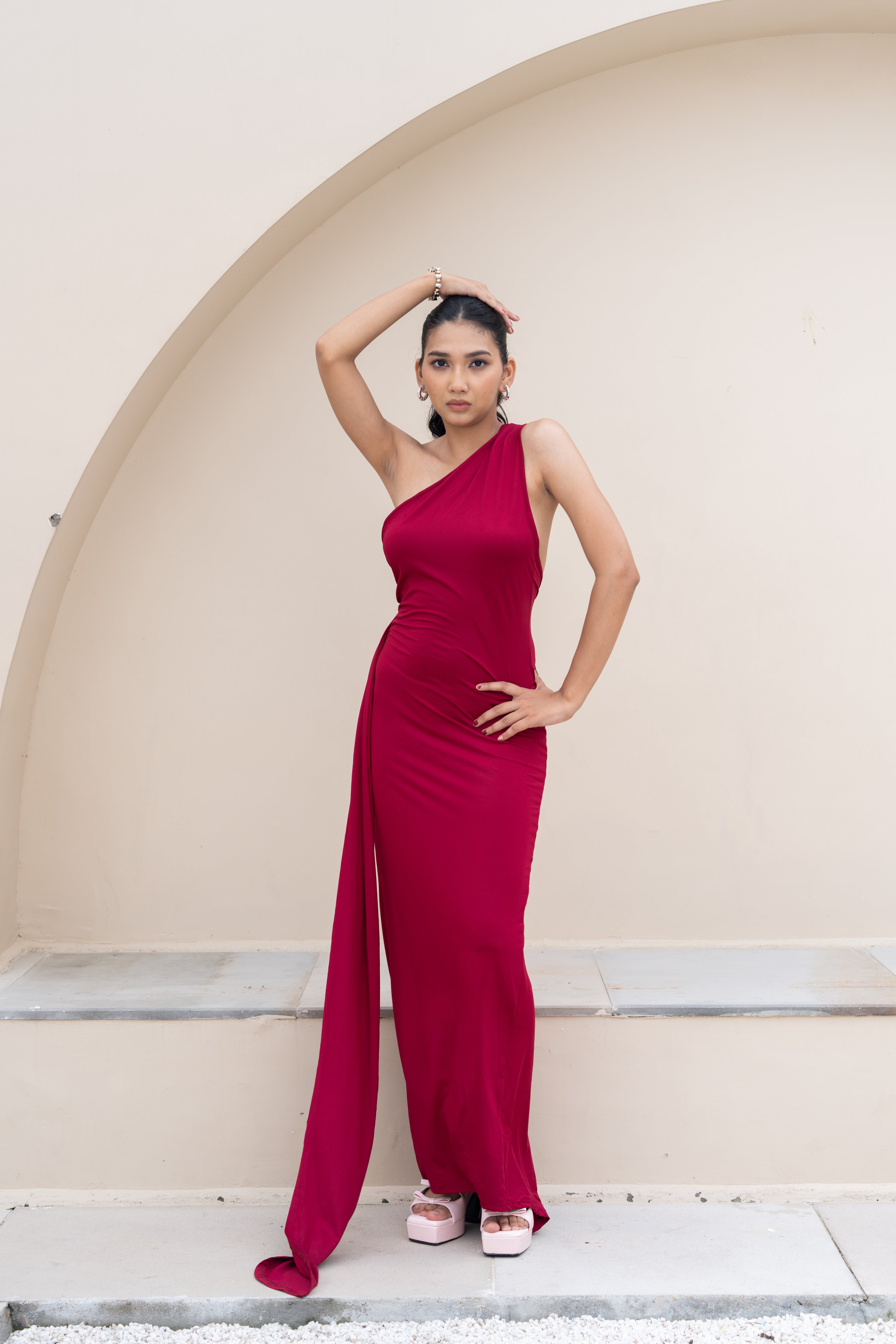 Stella Burgundy Drape One-Shoulder Maxi Dress – Backless Statement Gown