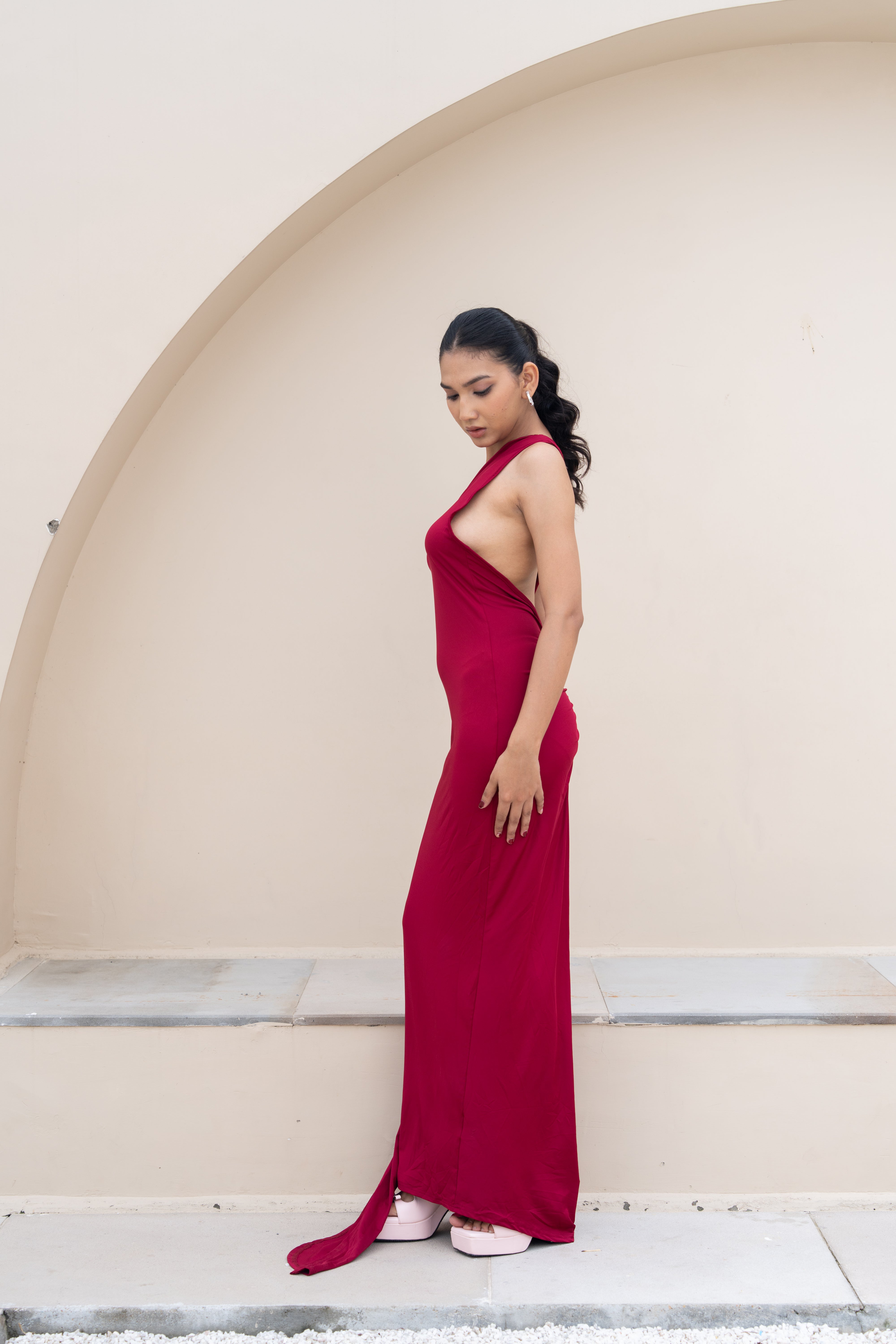 Stella Burgundy Drape One-Shoulder Maxi Dress – Backless Statement Gown