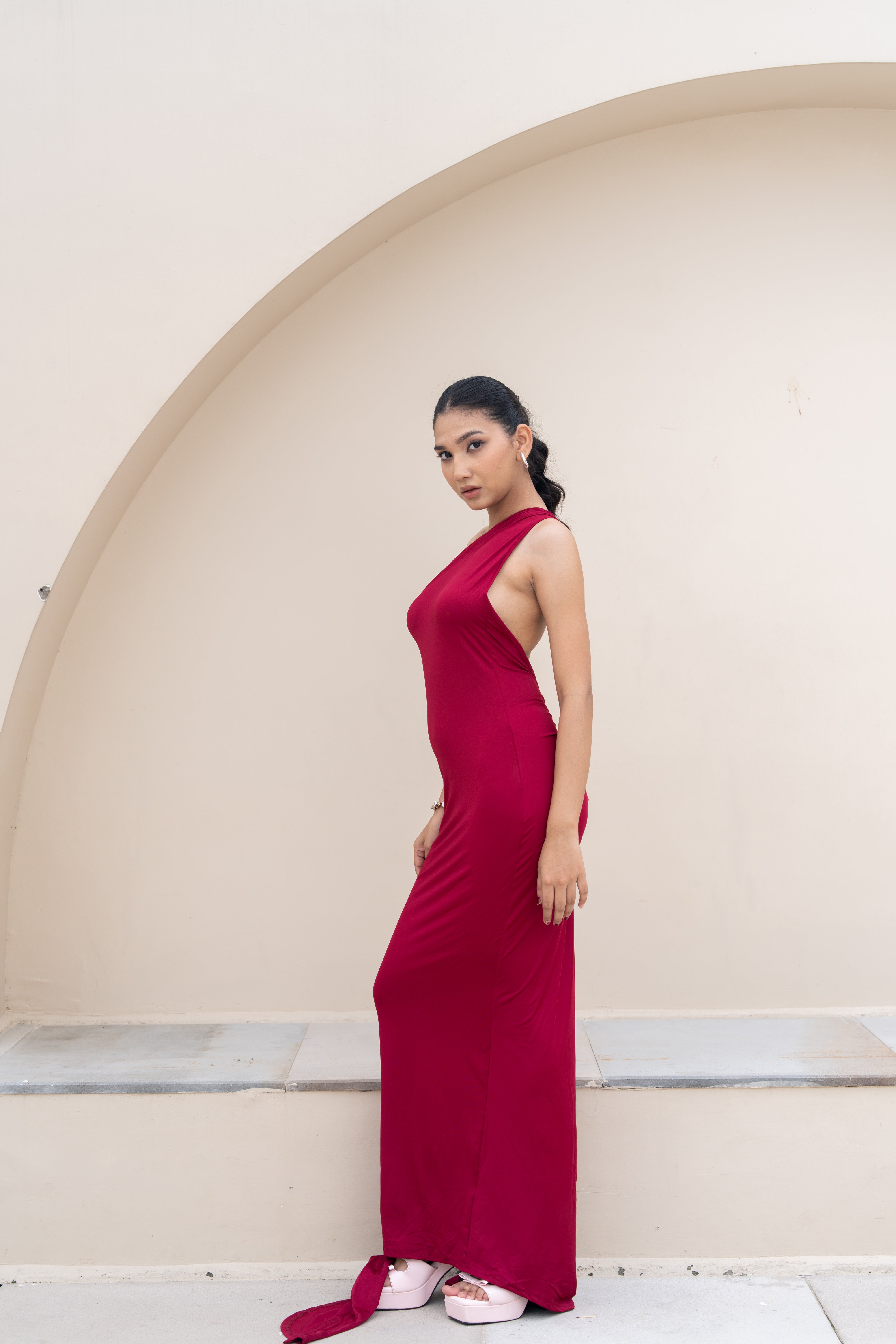 Stella Burgundy Drape One-Shoulder Maxi Dress – Backless Statement Gown