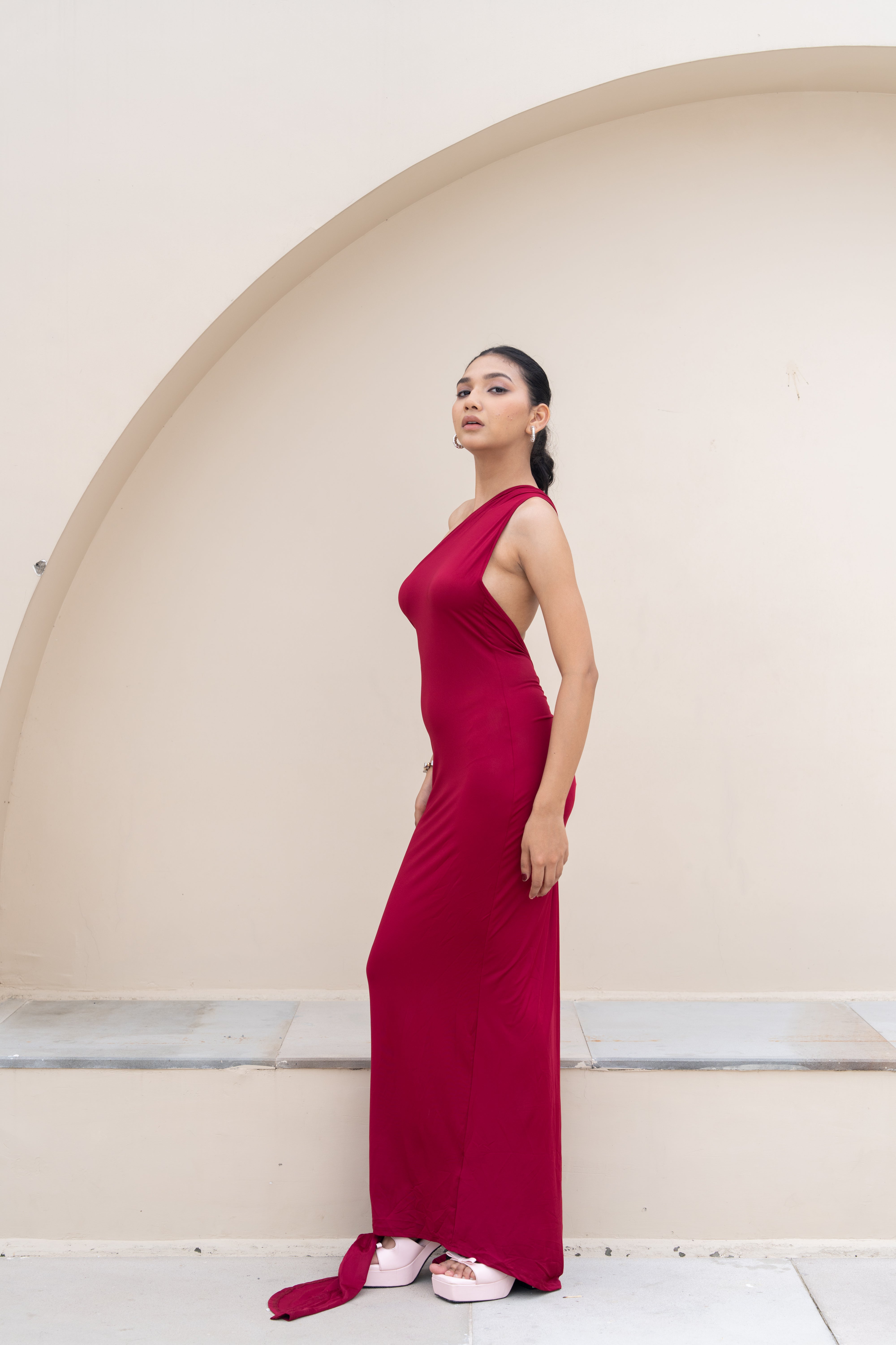 Stella Burgundy Drape One-Shoulder Maxi Dress – Backless Statement Gown