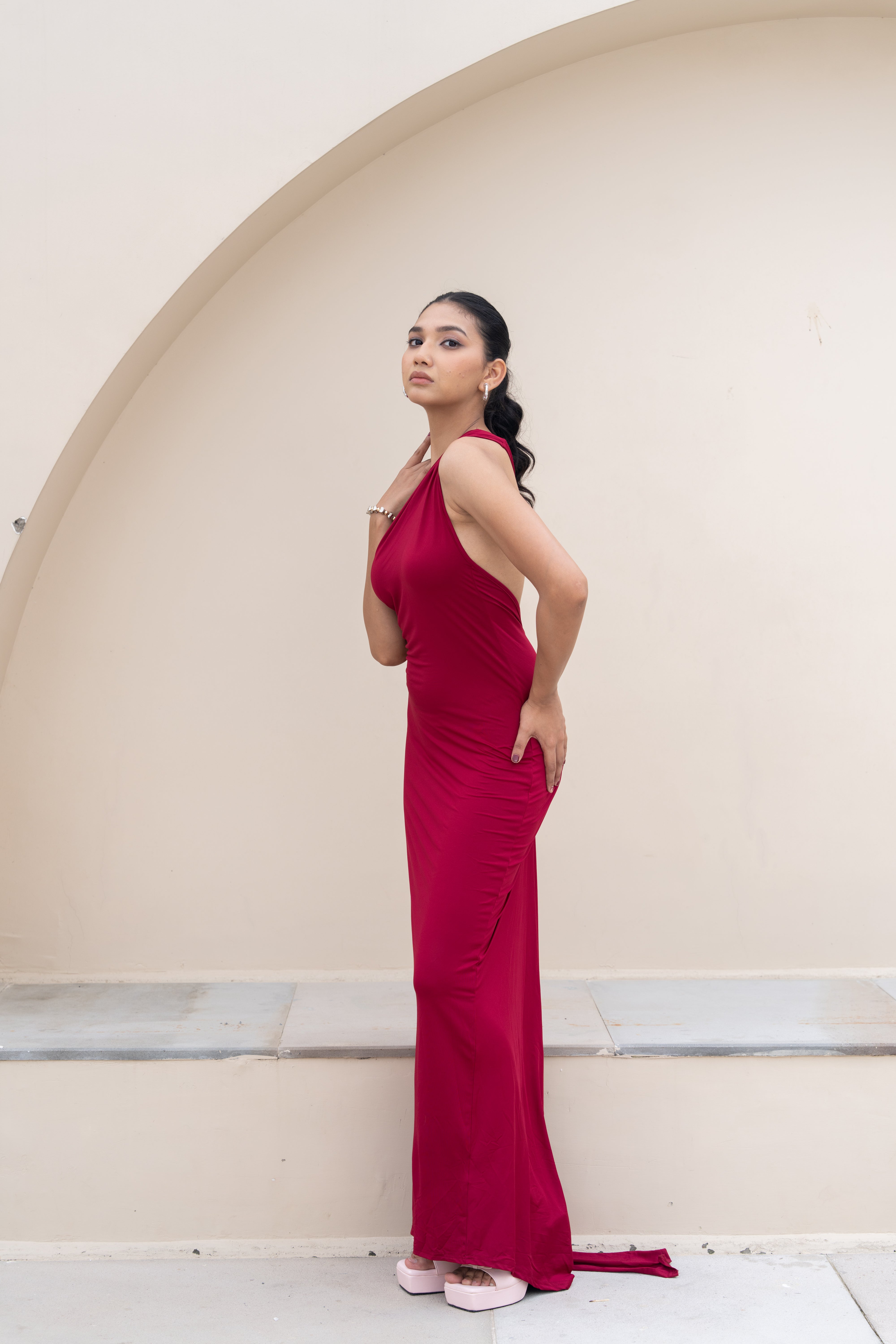 Stella Burgundy Drape One-Shoulder Maxi Dress – Backless Statement Gown