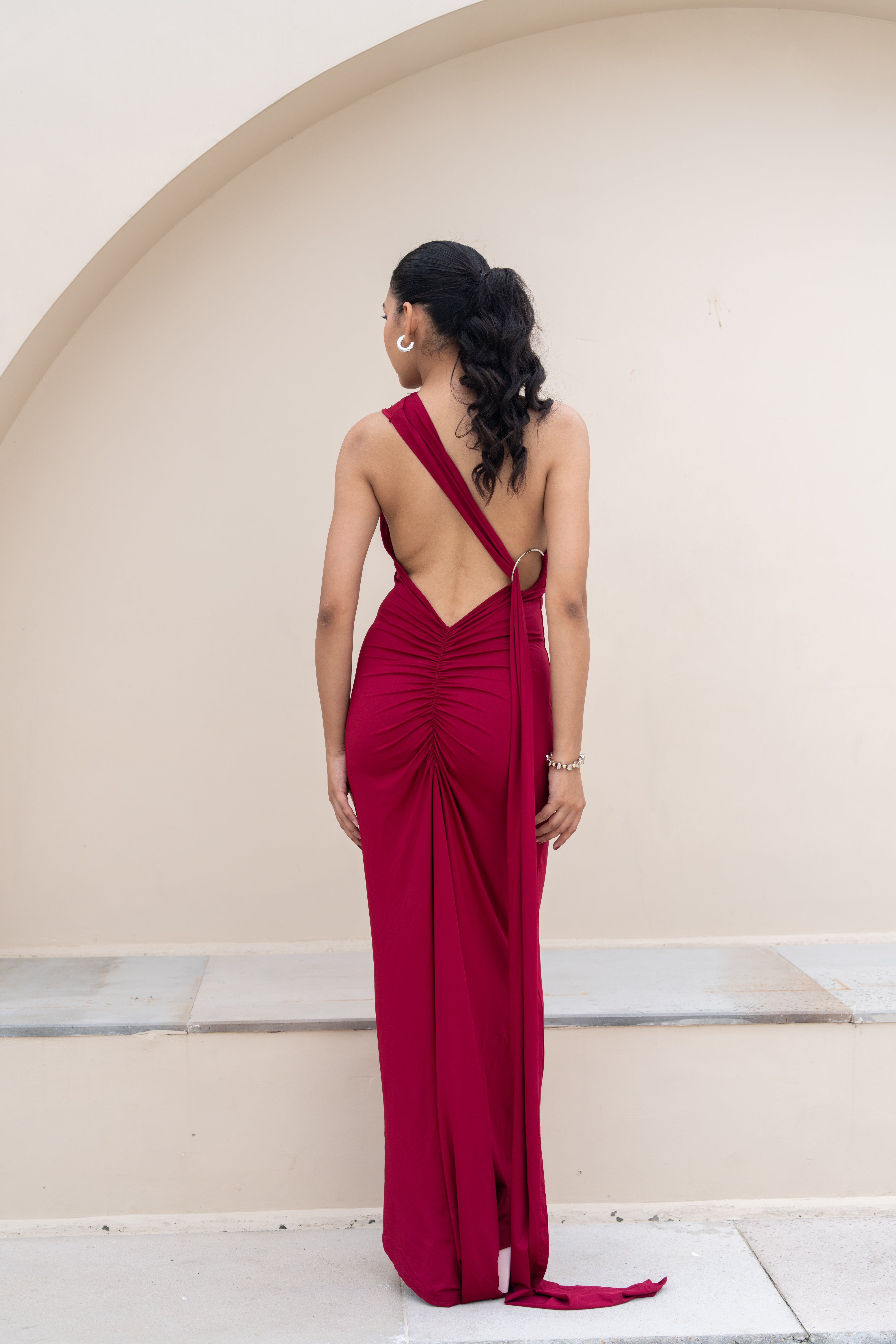 Stella Burgundy Drape One-Shoulder Maxi Dress – Backless Statement Gown