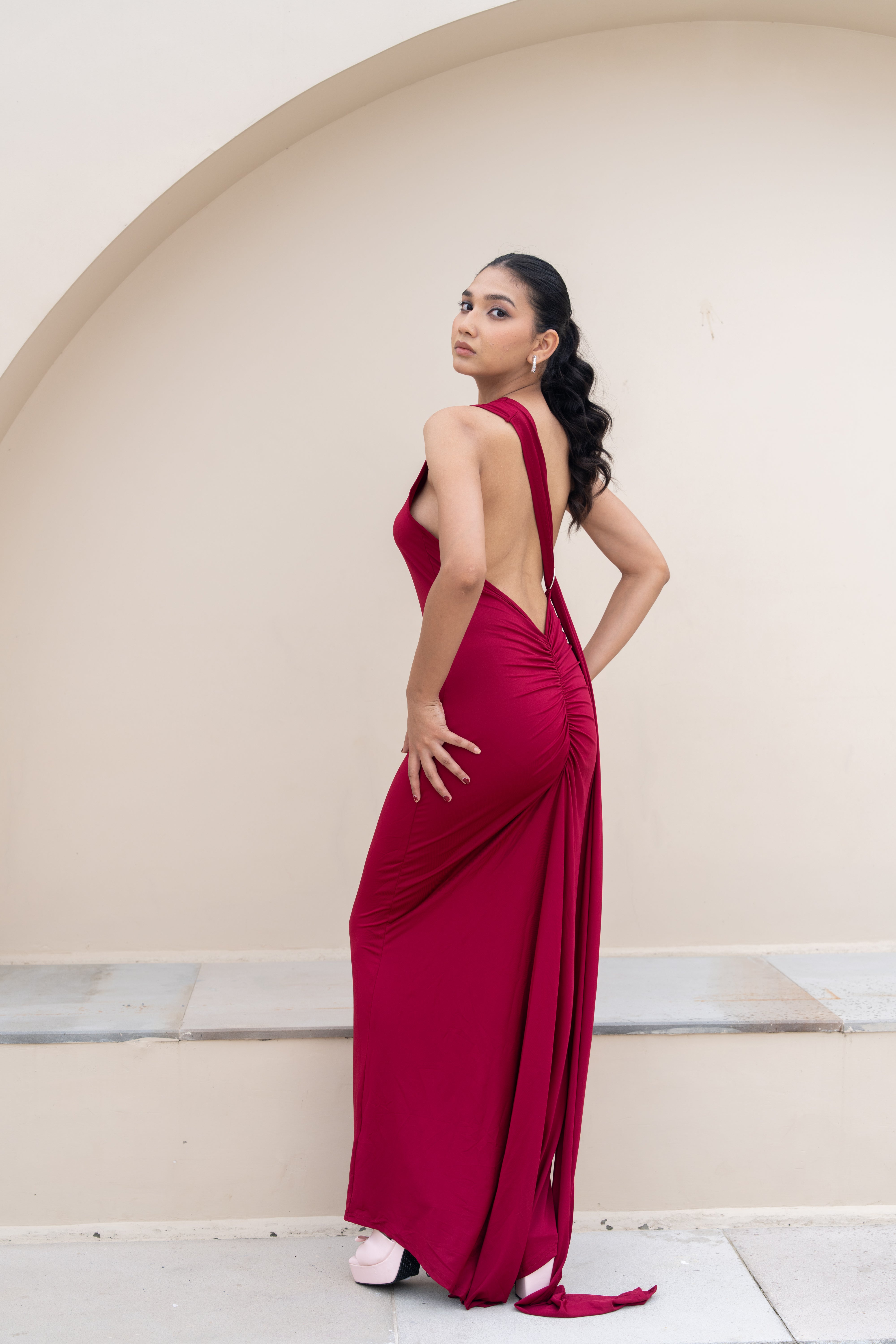 Stella Burgundy Drape One-Shoulder Maxi Dress – Backless Statement Gown