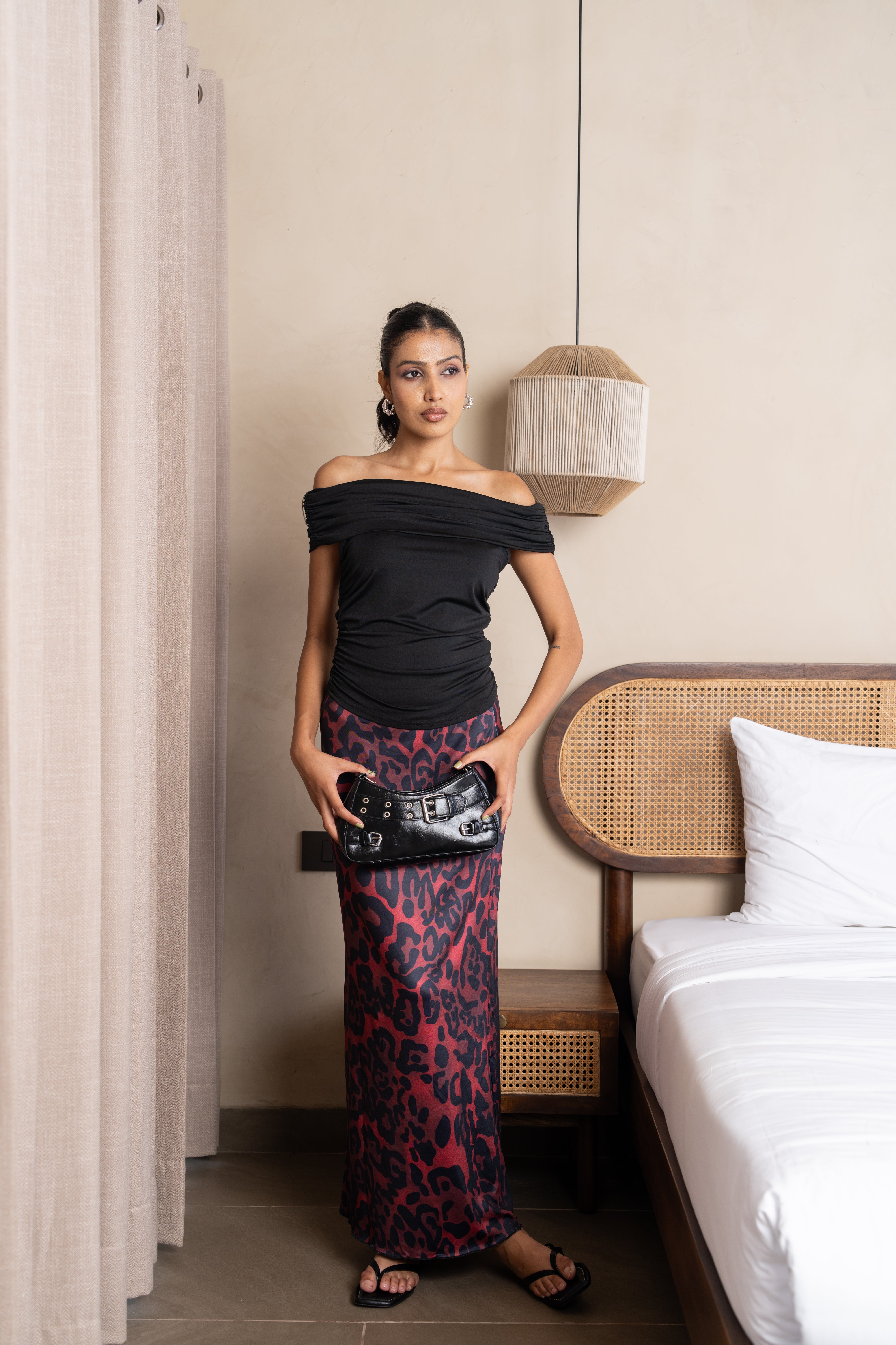 Aria Black & Burgundy Leopard Maxi Skirt Set – Off-Shoulder Two-Piece Outfit