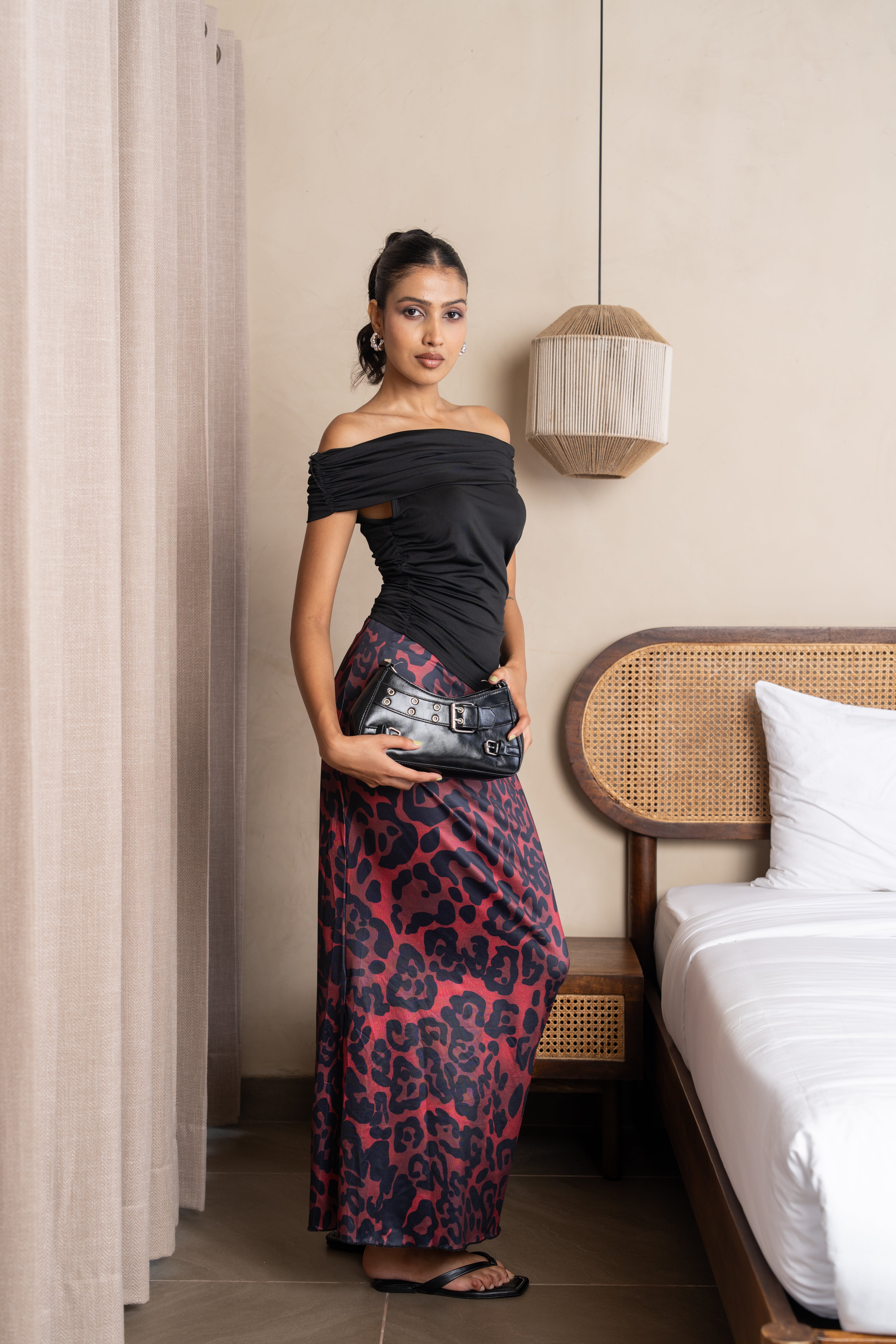 Aria Black & Burgundy Leopard Maxi Skirt Set – Off-Shoulder Two-Piece Outfit