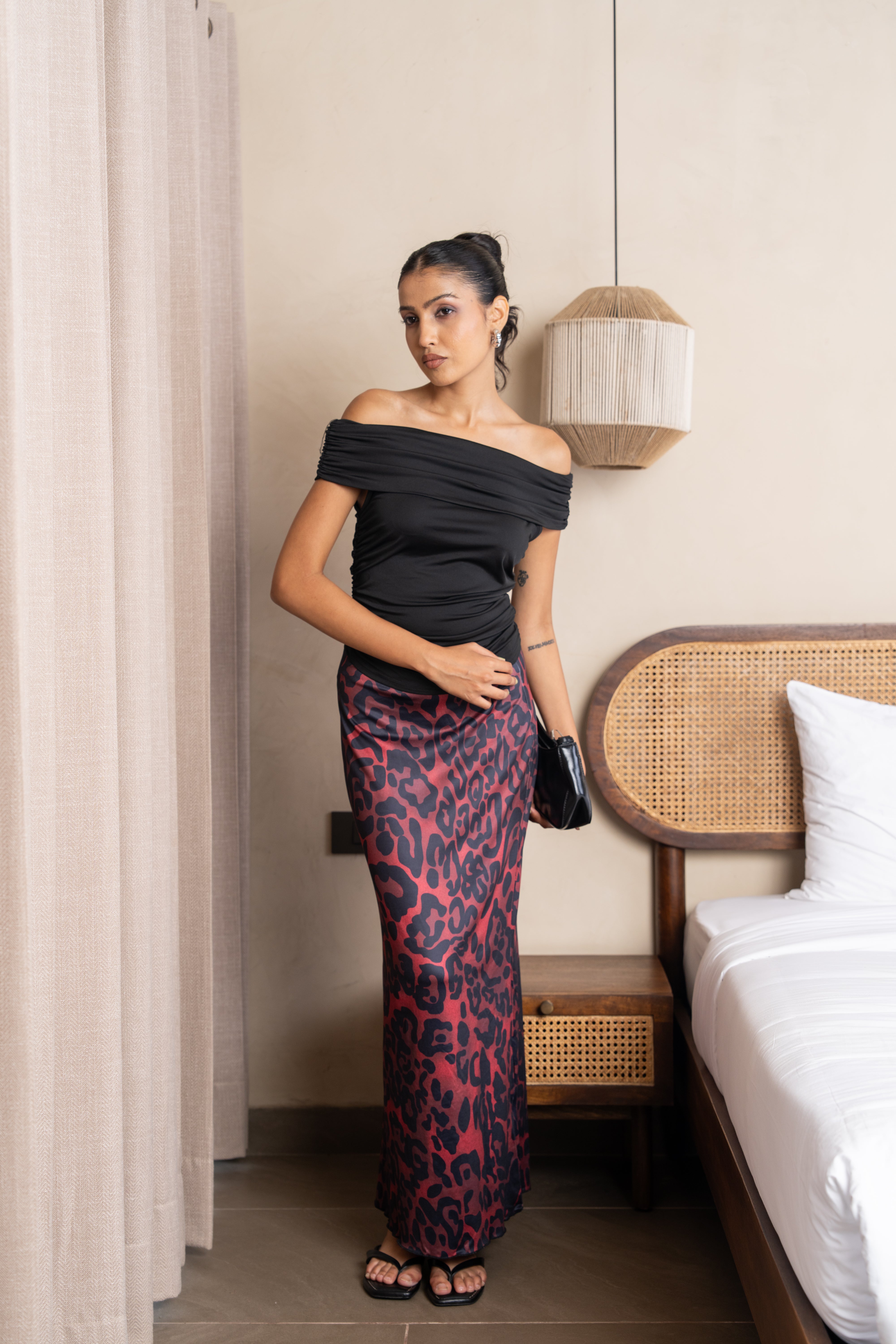 Aria Black & Burgundy Leopard Maxi Skirt Set – Off-Shoulder Two-Piece Outfit