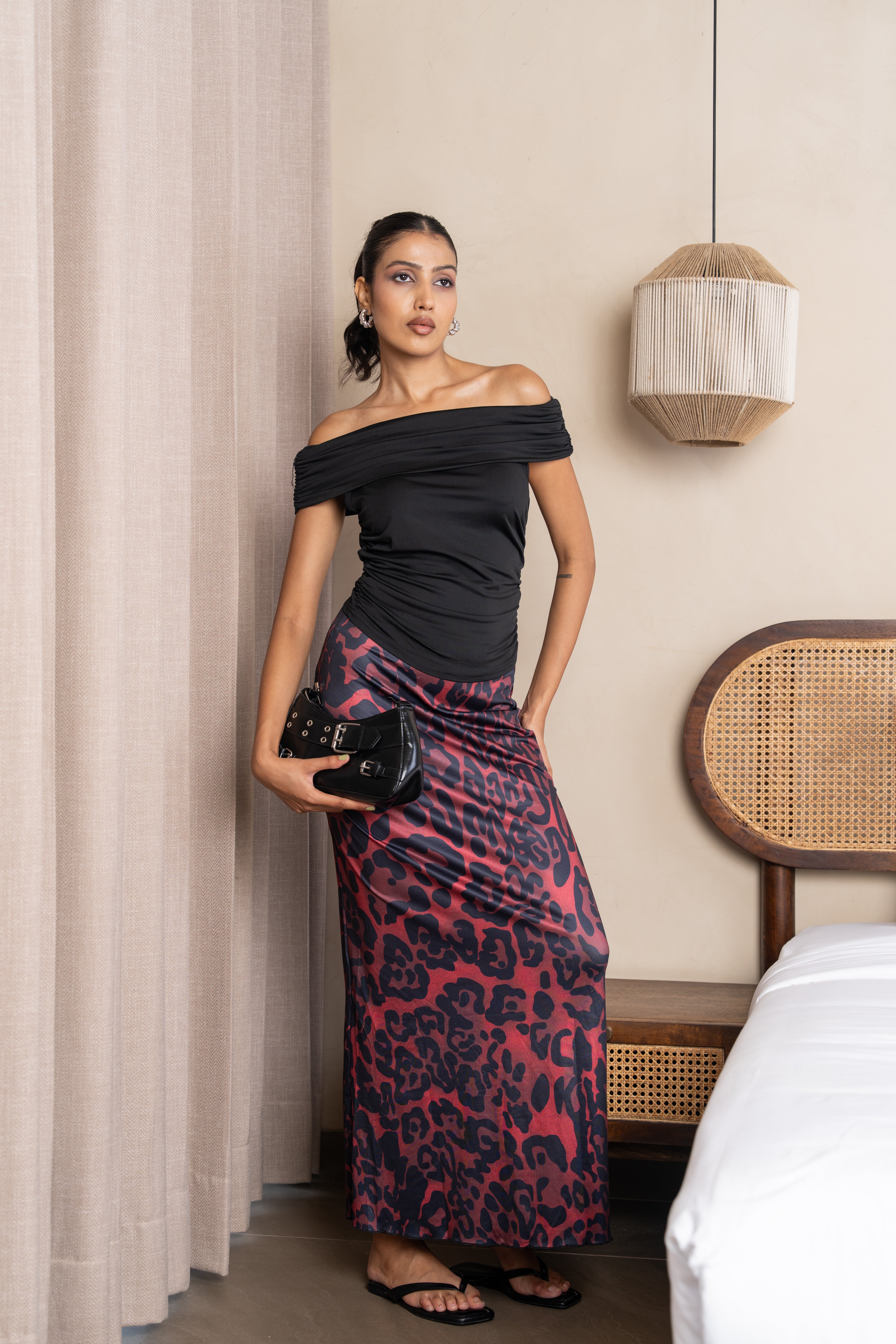Aria Black & Burgundy Leopard Maxi Skirt Set – Off-Shoulder Two-Piece Outfit