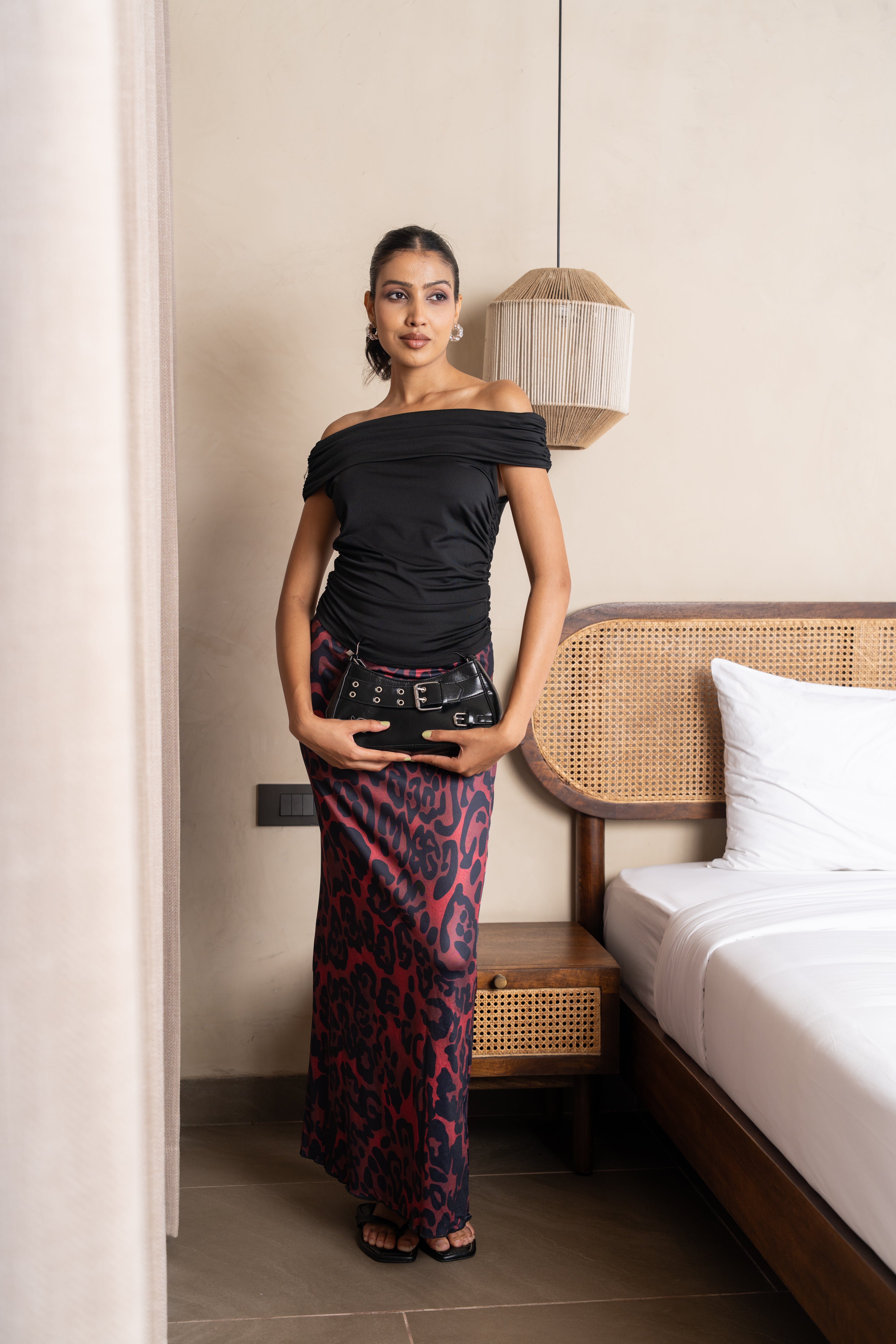 Aria Black & Burgundy Leopard Maxi Skirt Set – Off-Shoulder Two-Piece Outfit