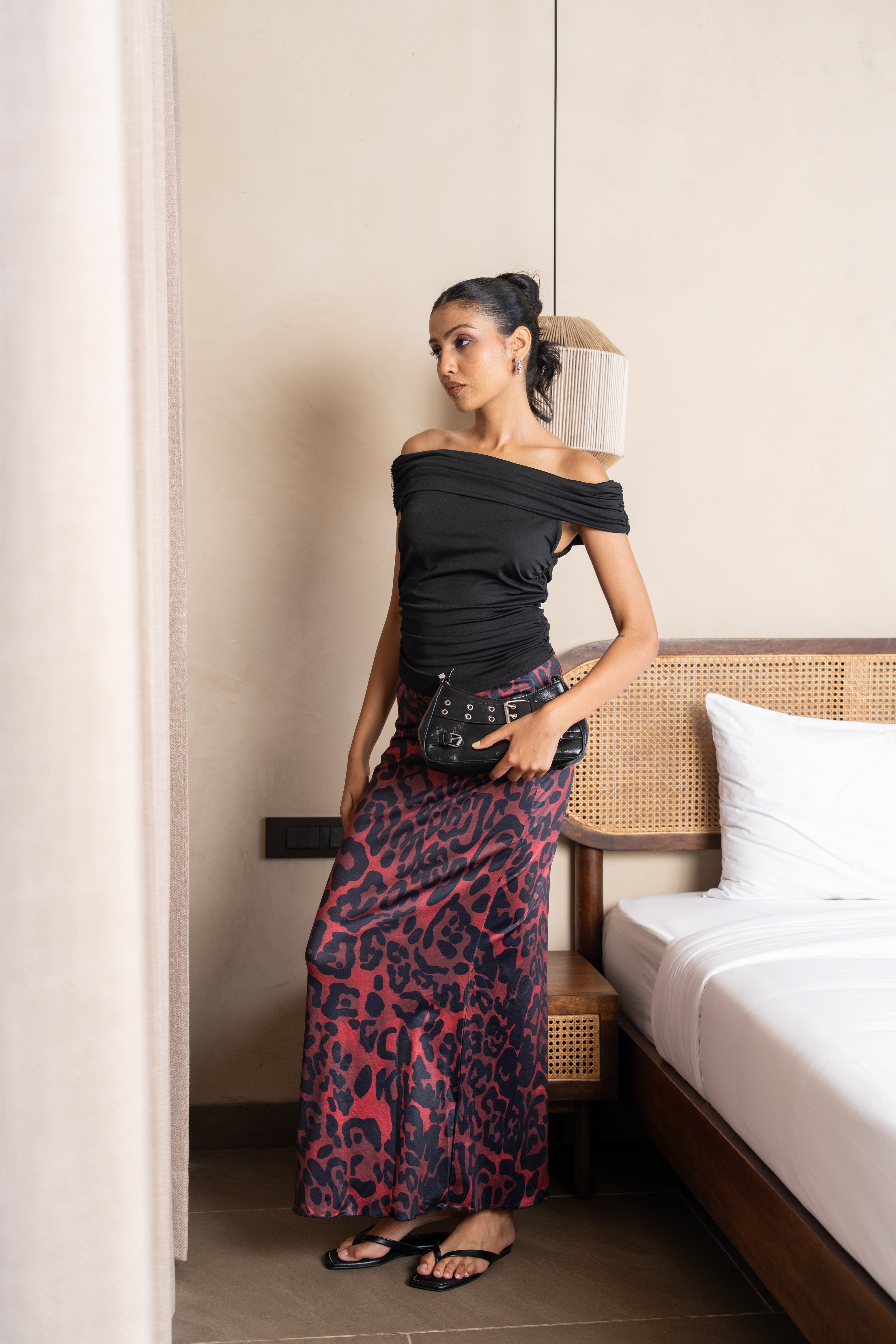 Aria Black & Burgundy Leopard Maxi Skirt Set – Off-Shoulder Two-Piece Outfit