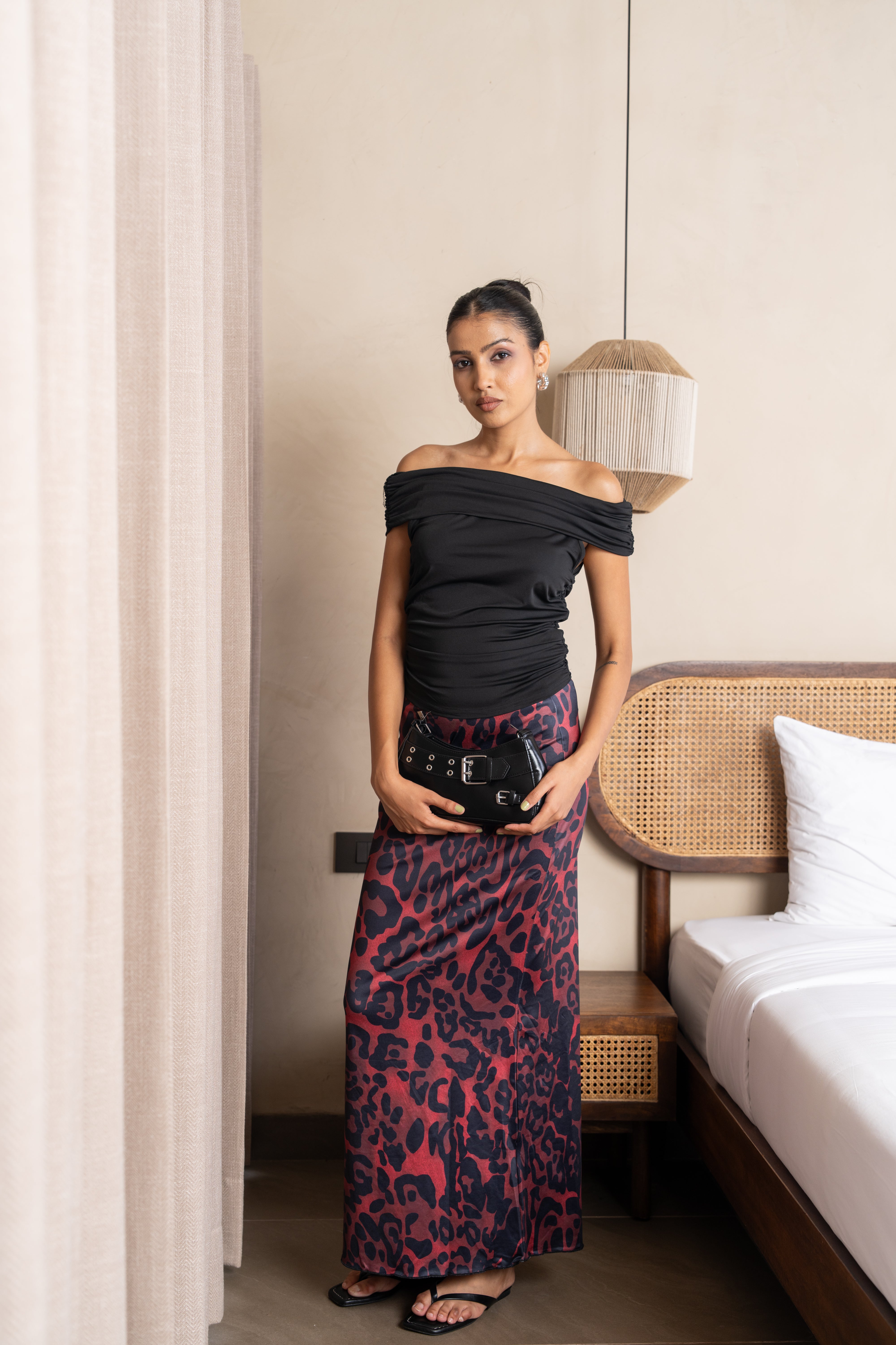 Aria Black & Burgundy Leopard Maxi Skirt Set – Off-Shoulder Two-Piece Outfit