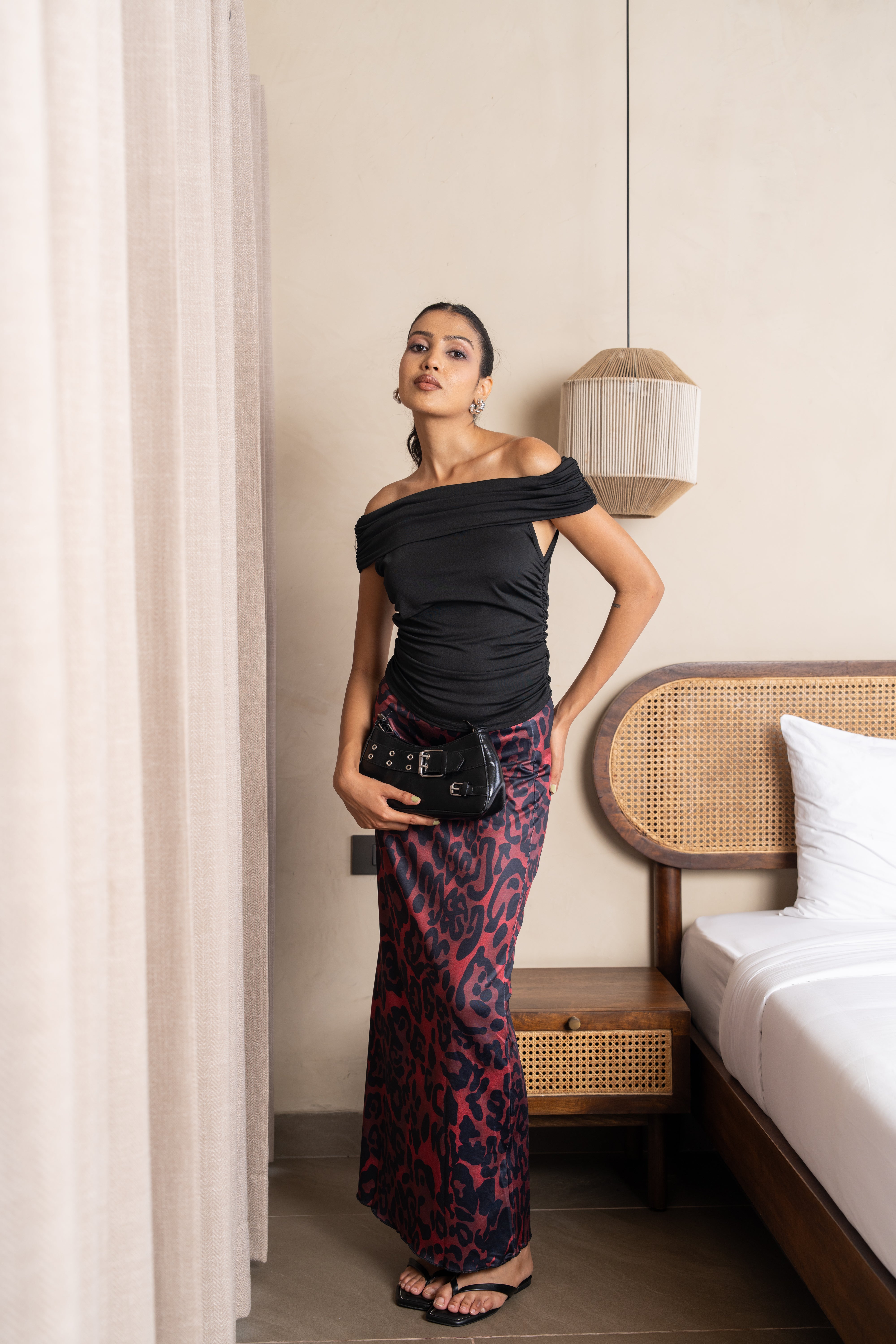 Aria Black & Burgundy Leopard Maxi Skirt Set – Off-Shoulder Two-Piece Outfit