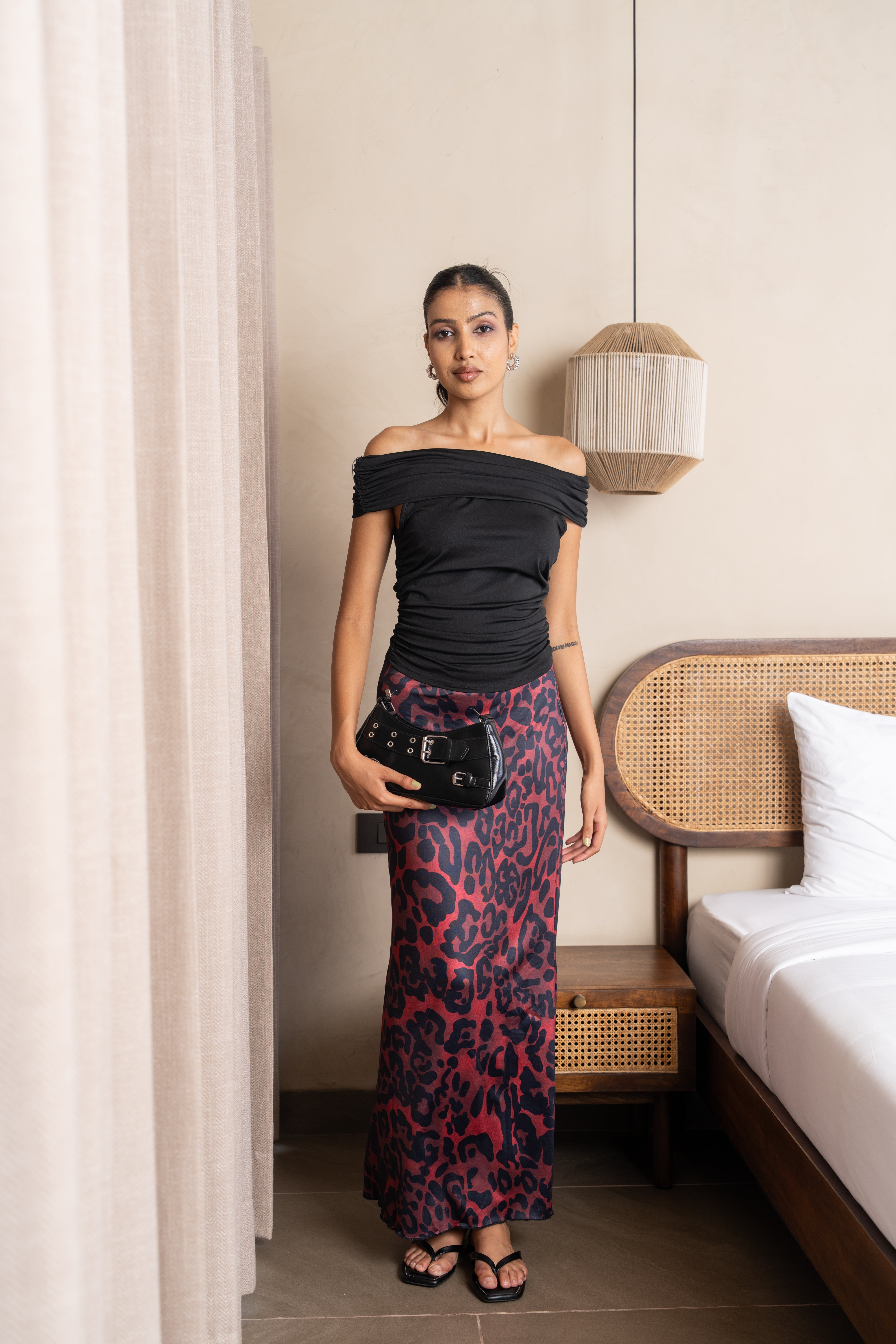 Aria Black & Burgundy Leopard Maxi Skirt Set – Off-Shoulder Two-Piece Outfit
