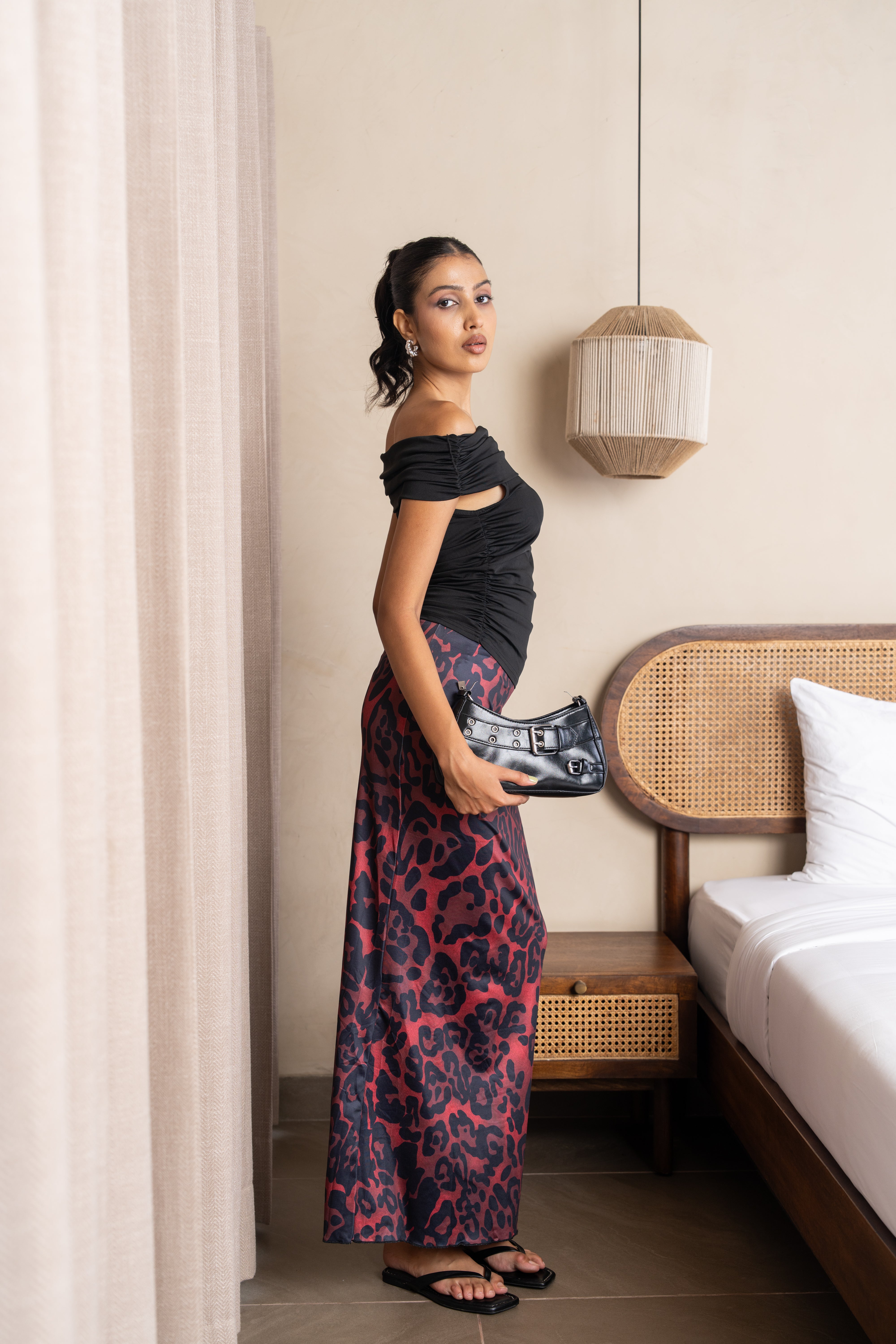 Aria Black & Burgundy Leopard Maxi Skirt Set – Off-Shoulder Two-Piece Outfit
