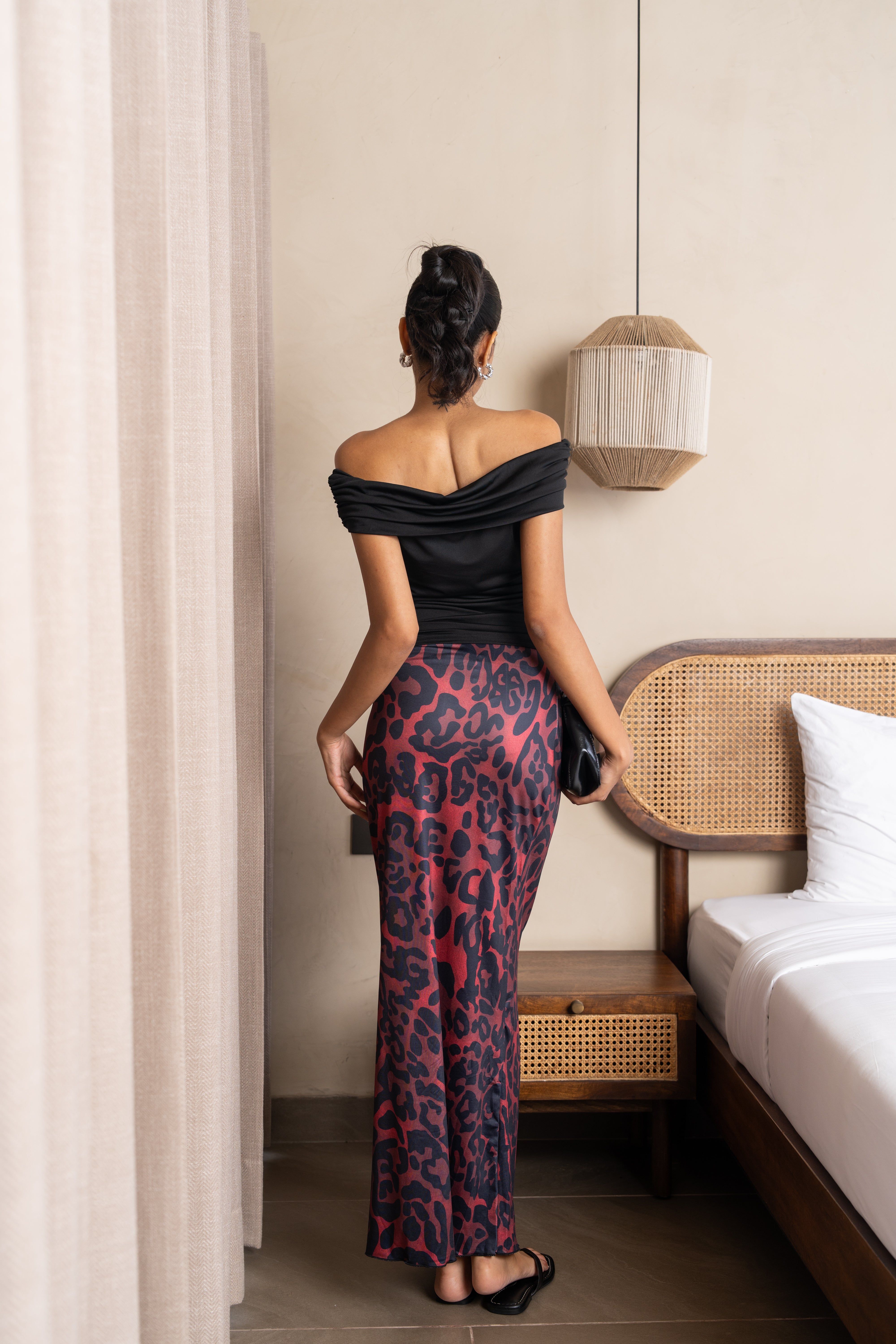 Aria Black & Burgundy Leopard Maxi Skirt Set – Off-Shoulder Two-Piece Outfit