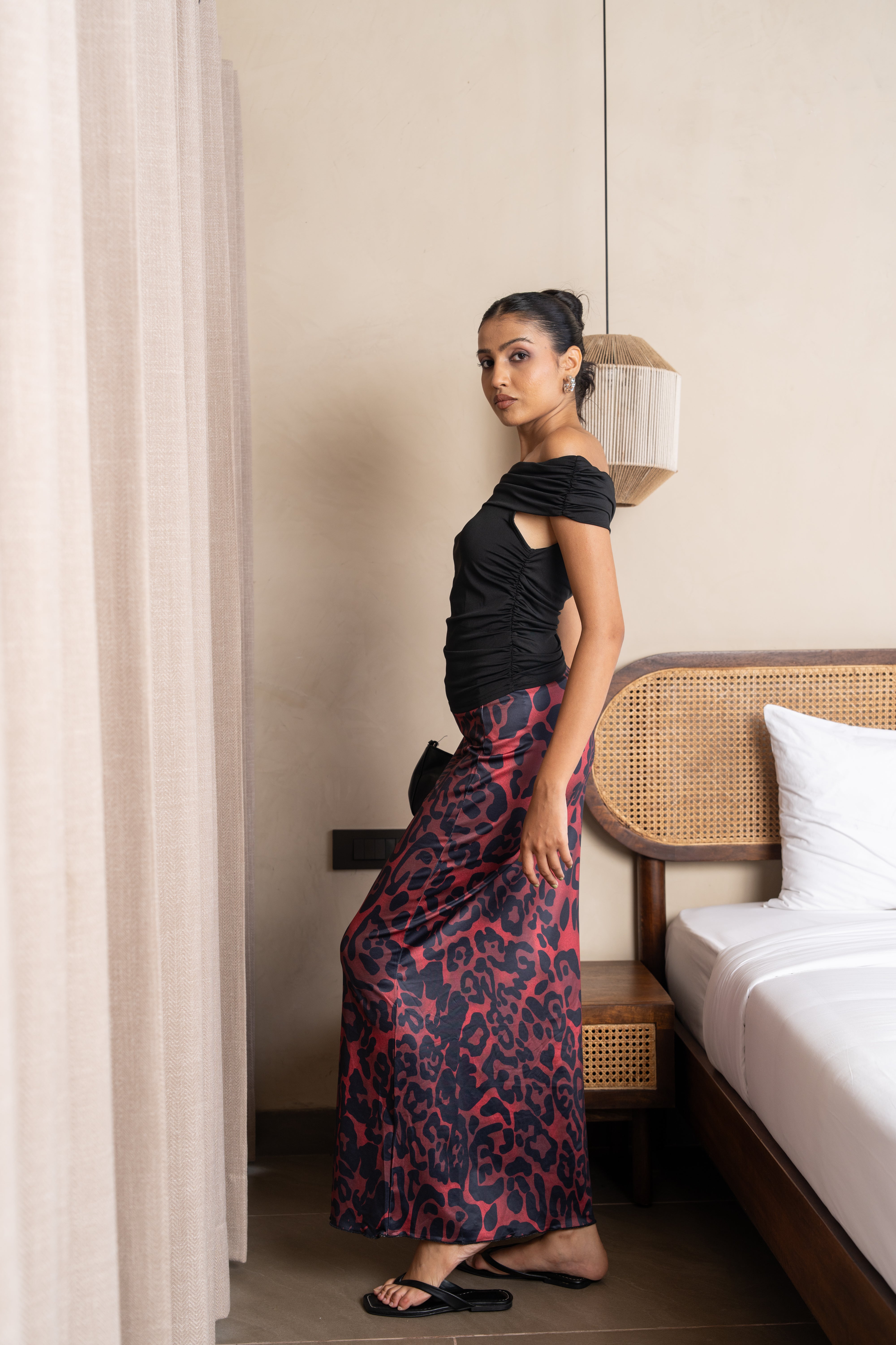 Aria Black & Burgundy Leopard Maxi Skirt Set – Off-Shoulder Two-Piece Outfit