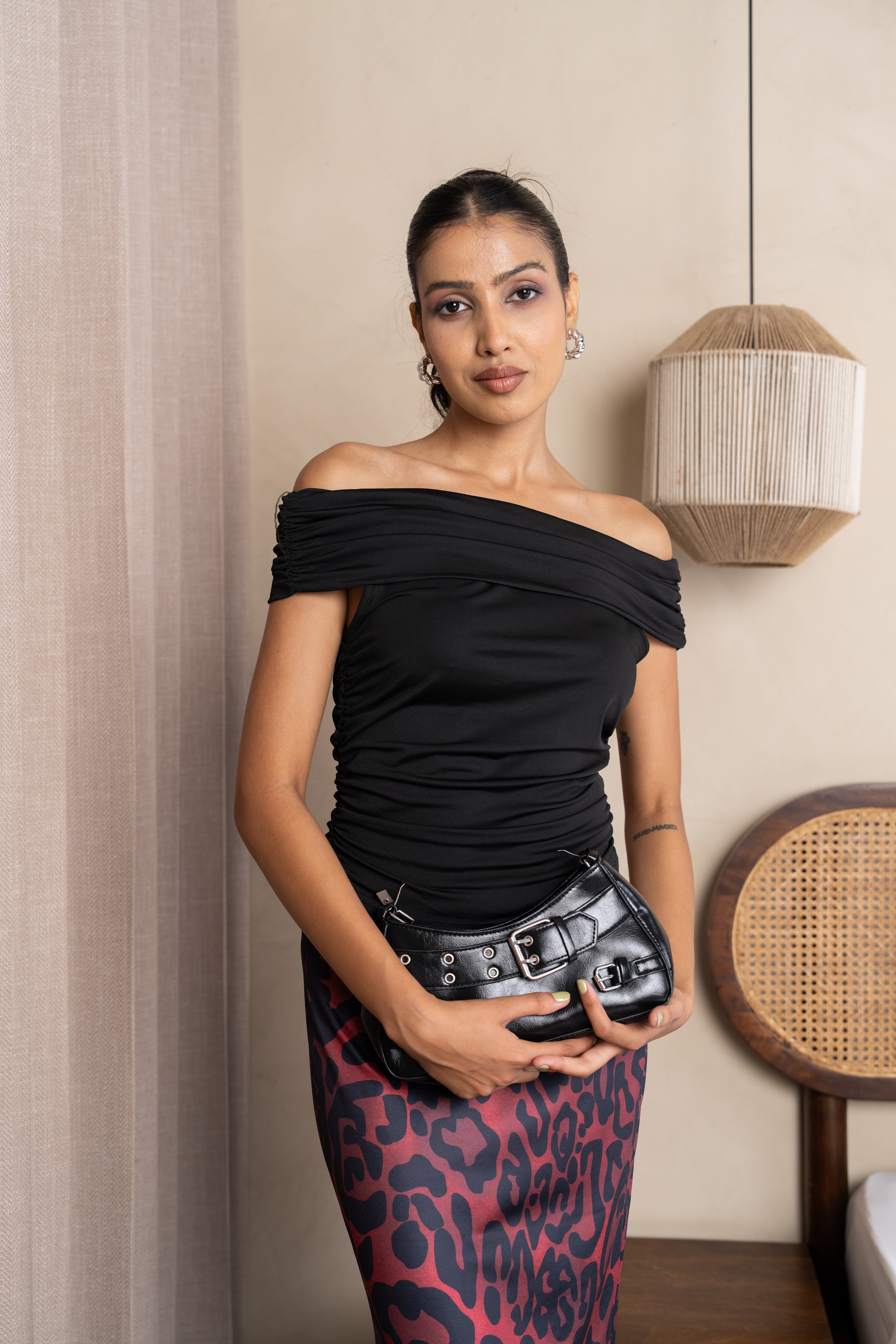 Aria Black & Burgundy Leopard Maxi Skirt Set – Off-Shoulder Two-Piece Outfit