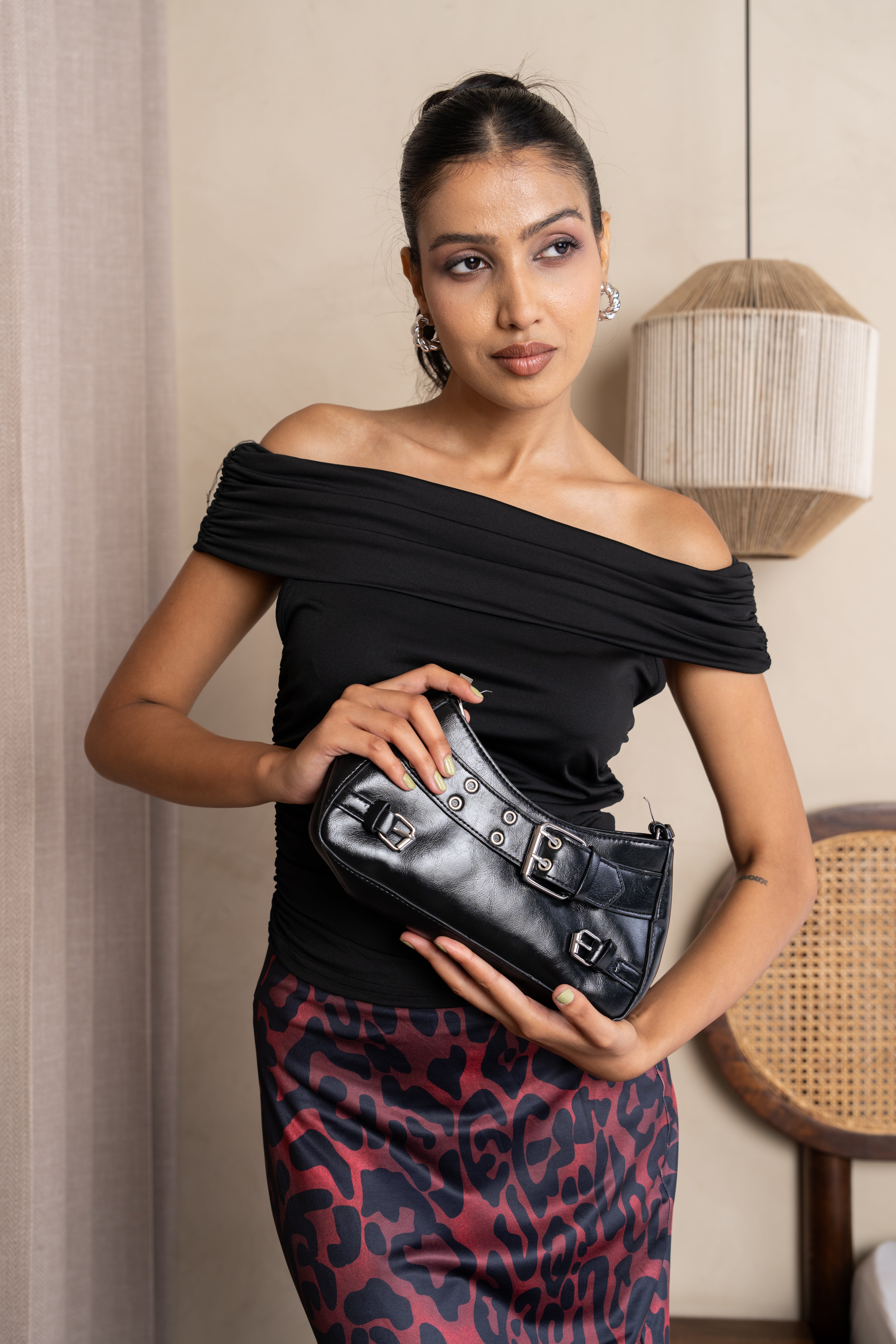 Aria Black & Burgundy Leopard Maxi Skirt Set – Off-Shoulder Two-Piece Outfit