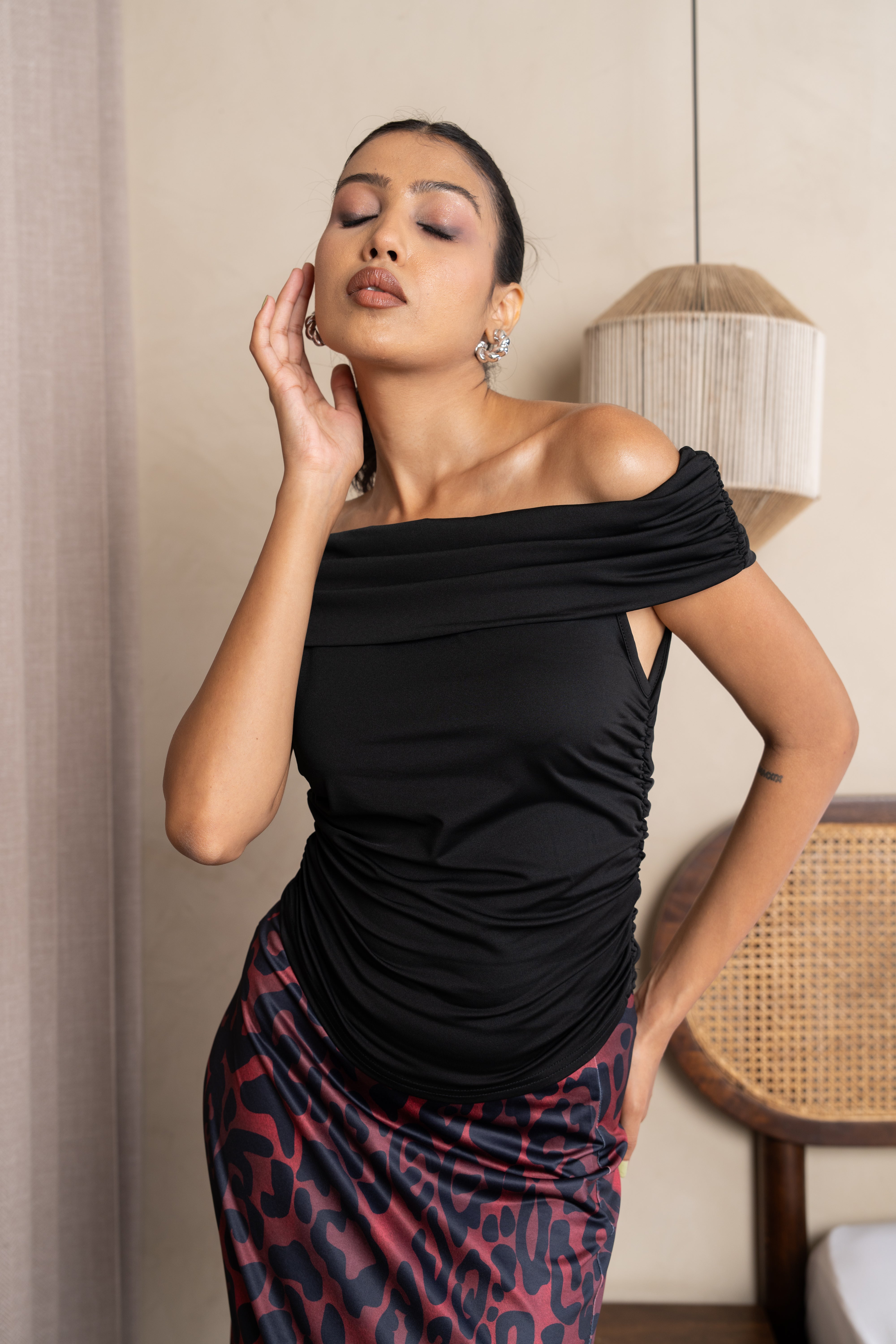 Aria Black & Burgundy Leopard Maxi Skirt Set – Off-Shoulder Two-Piece Outfit