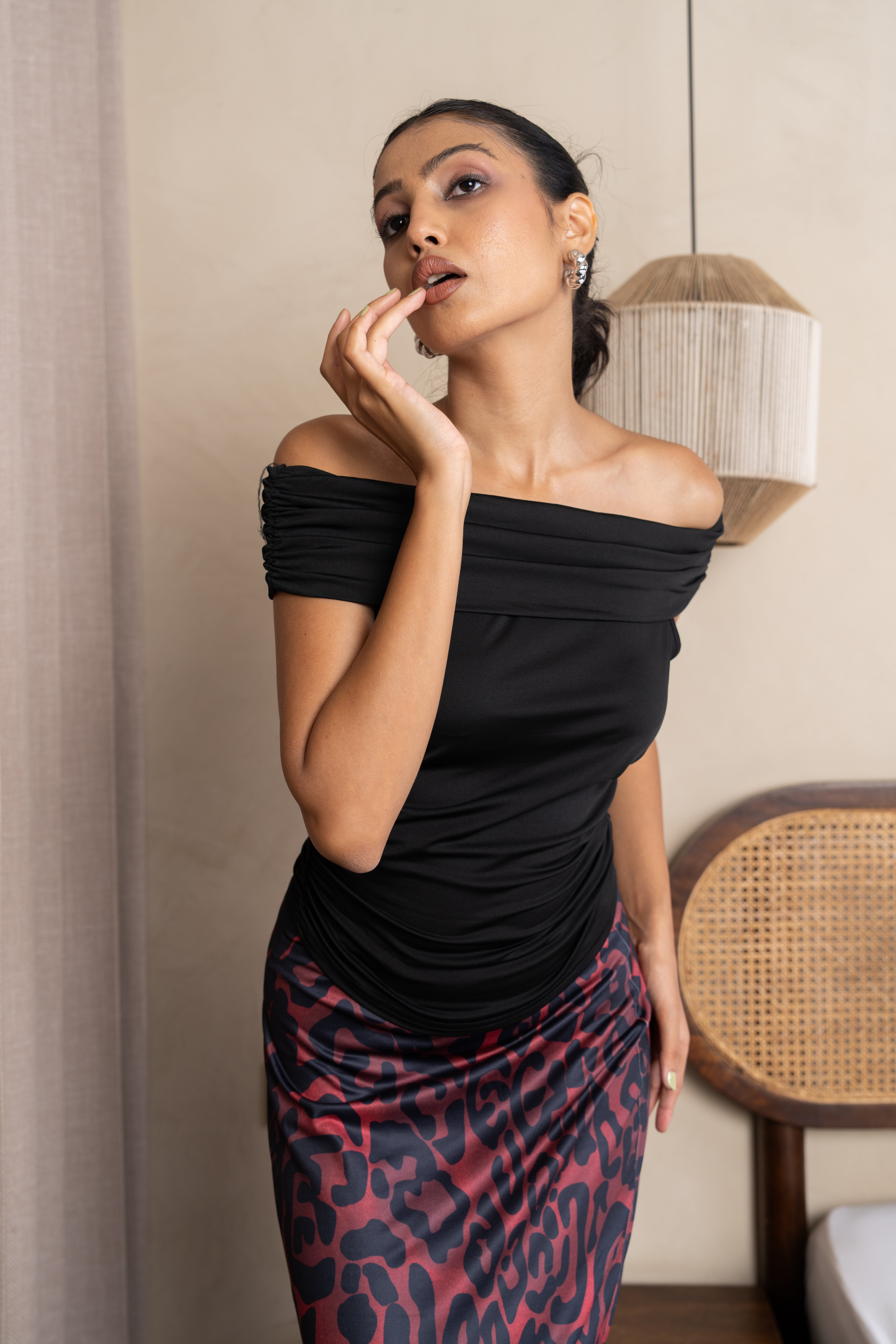 Aria Black & Burgundy Leopard Maxi Skirt Set – Off-Shoulder Two-Piece Outfit