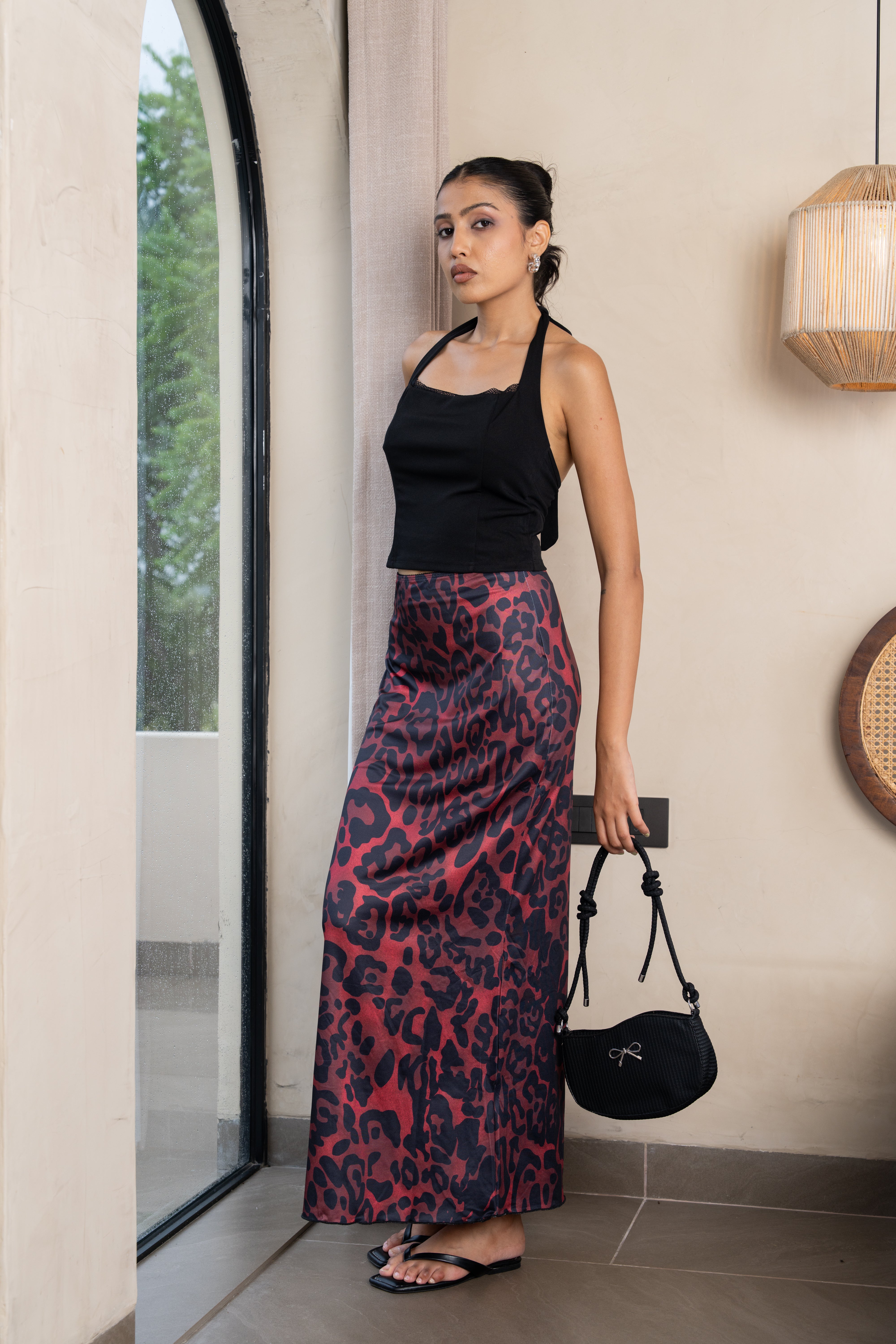 Selene Black Halter Crop Top & Burgundy Leopard Maxi Skirt – Bold Co-ord Set