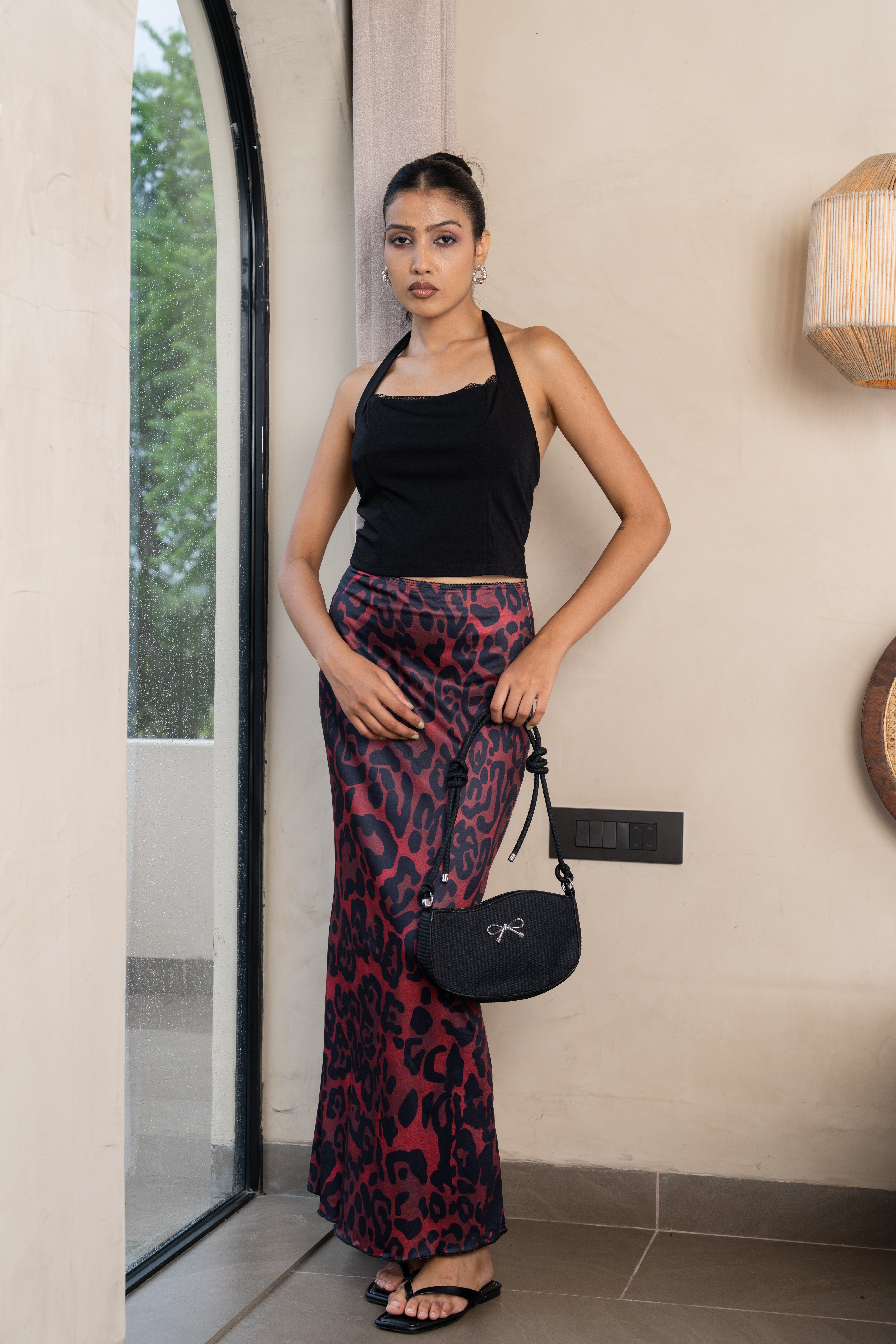 Selene Black Halter Crop Top & Burgundy Leopard Maxi Skirt – Bold Co-ord Set