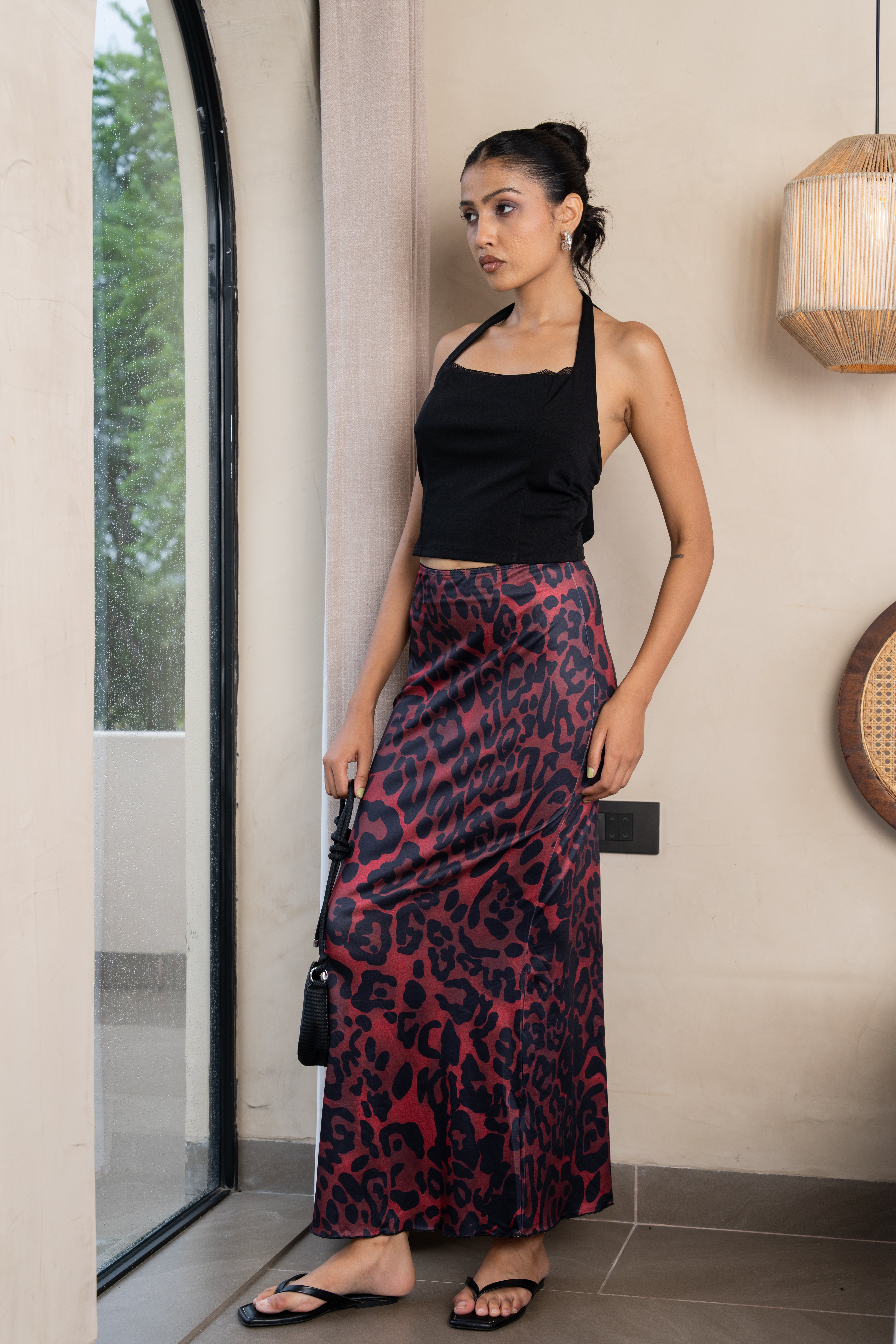 Selene Black Halter Crop Top & Burgundy Leopard Maxi Skirt – Bold Co-ord Set