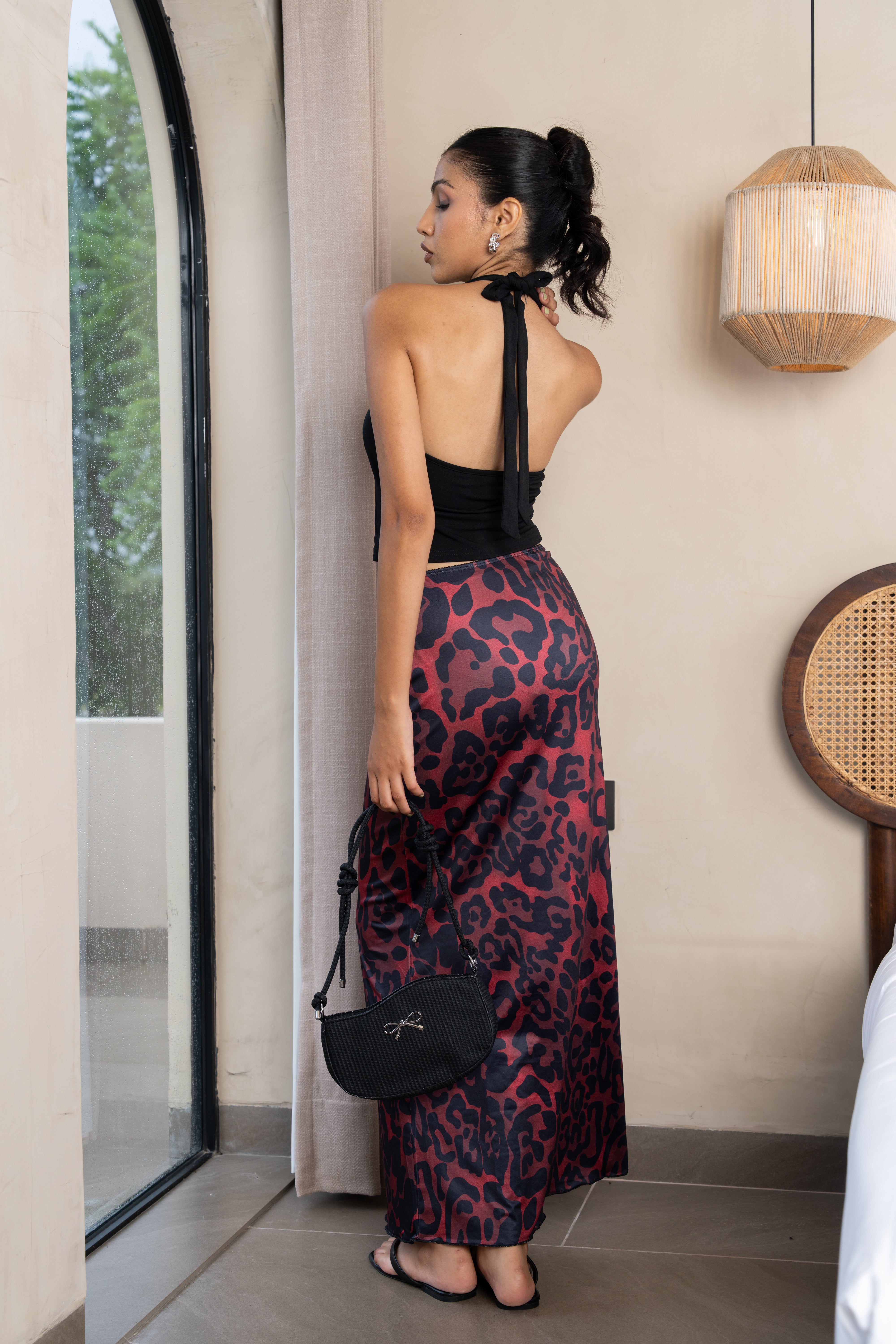 Selene Black Halter Crop Top & Burgundy Leopard Maxi Skirt – Bold Co-ord Set