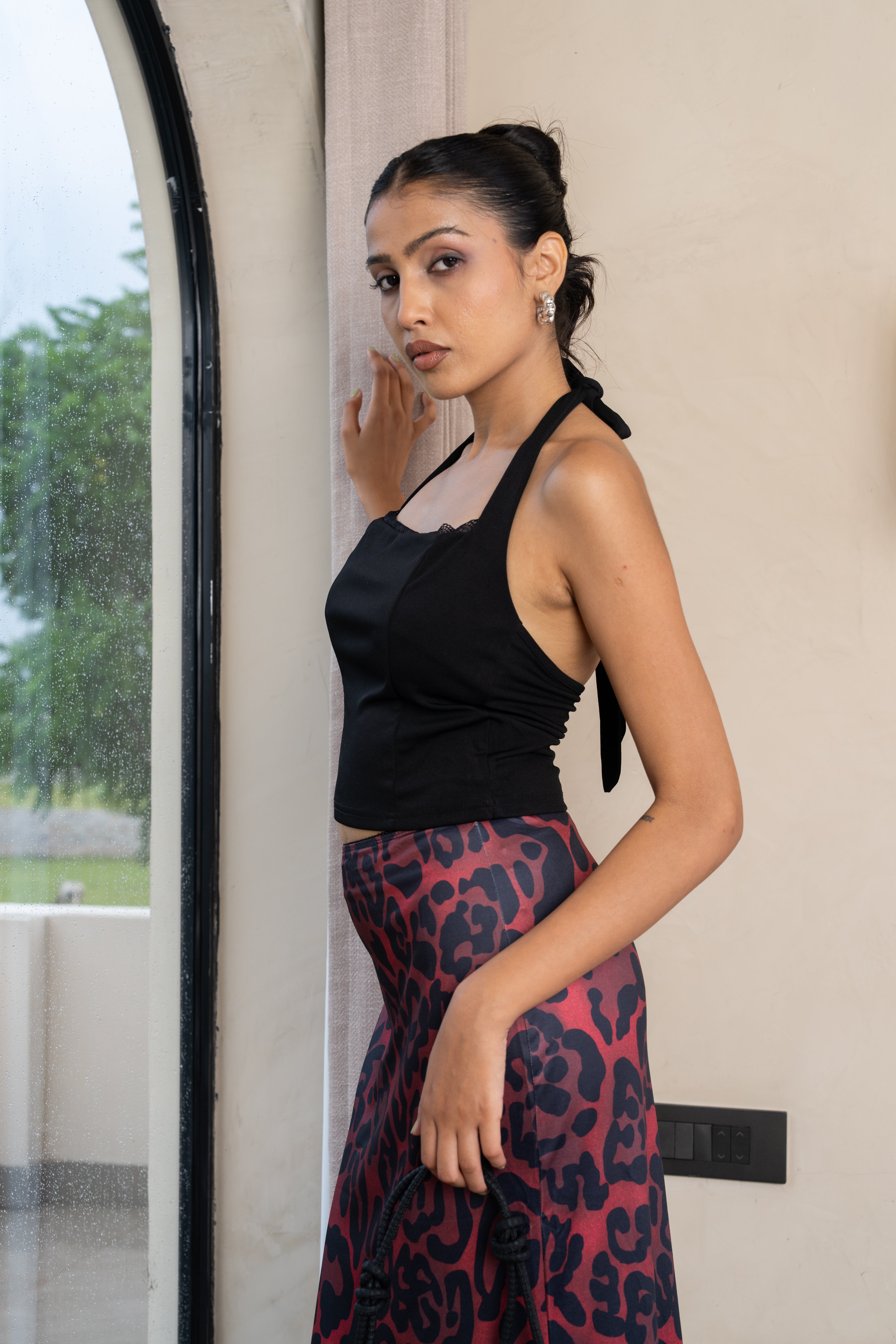 Selene Black Halter Crop Top & Burgundy Leopard Maxi Skirt – Bold Co-ord Set