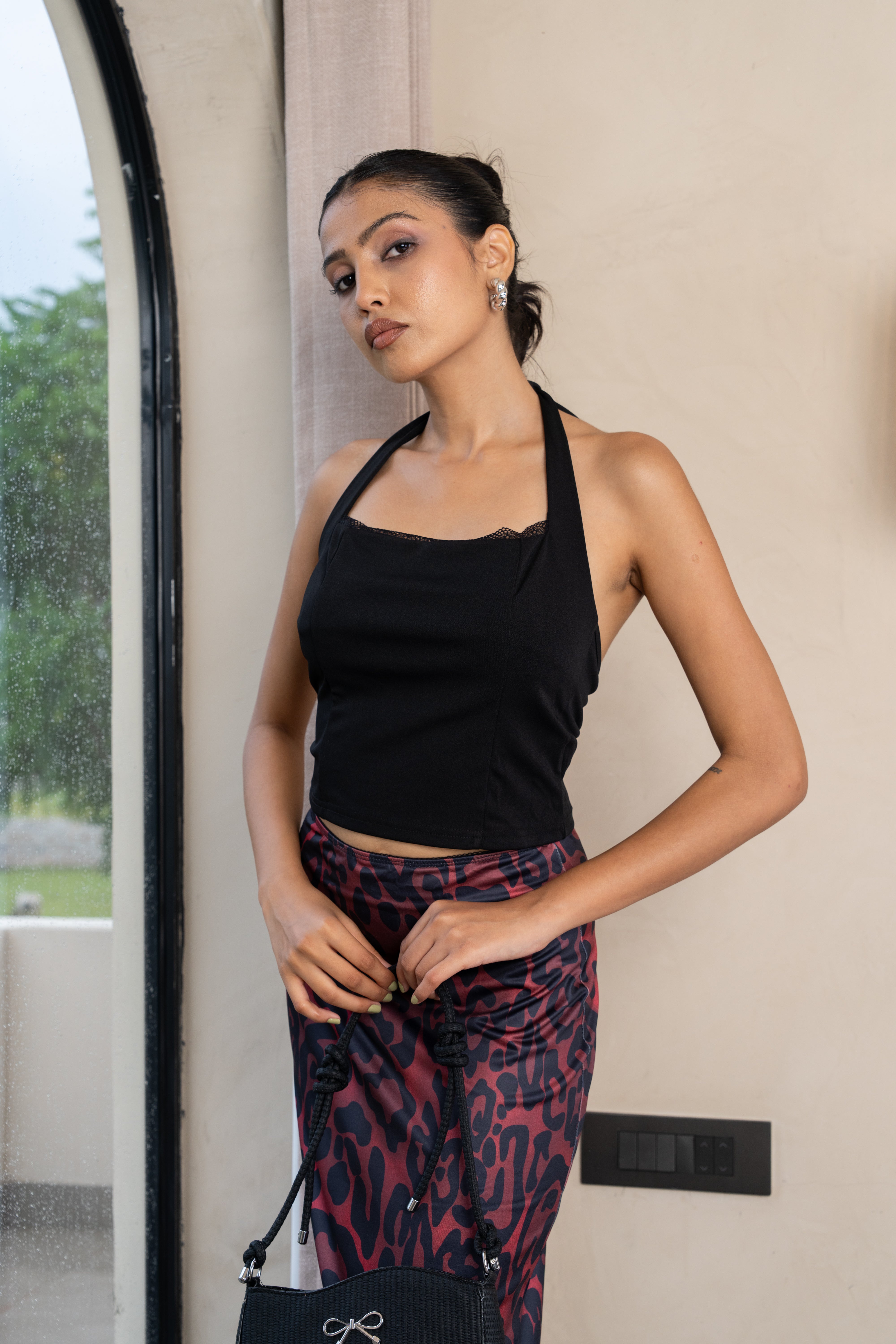 Selene Black Halter Crop Top & Burgundy Leopard Maxi Skirt – Bold Co-ord Set