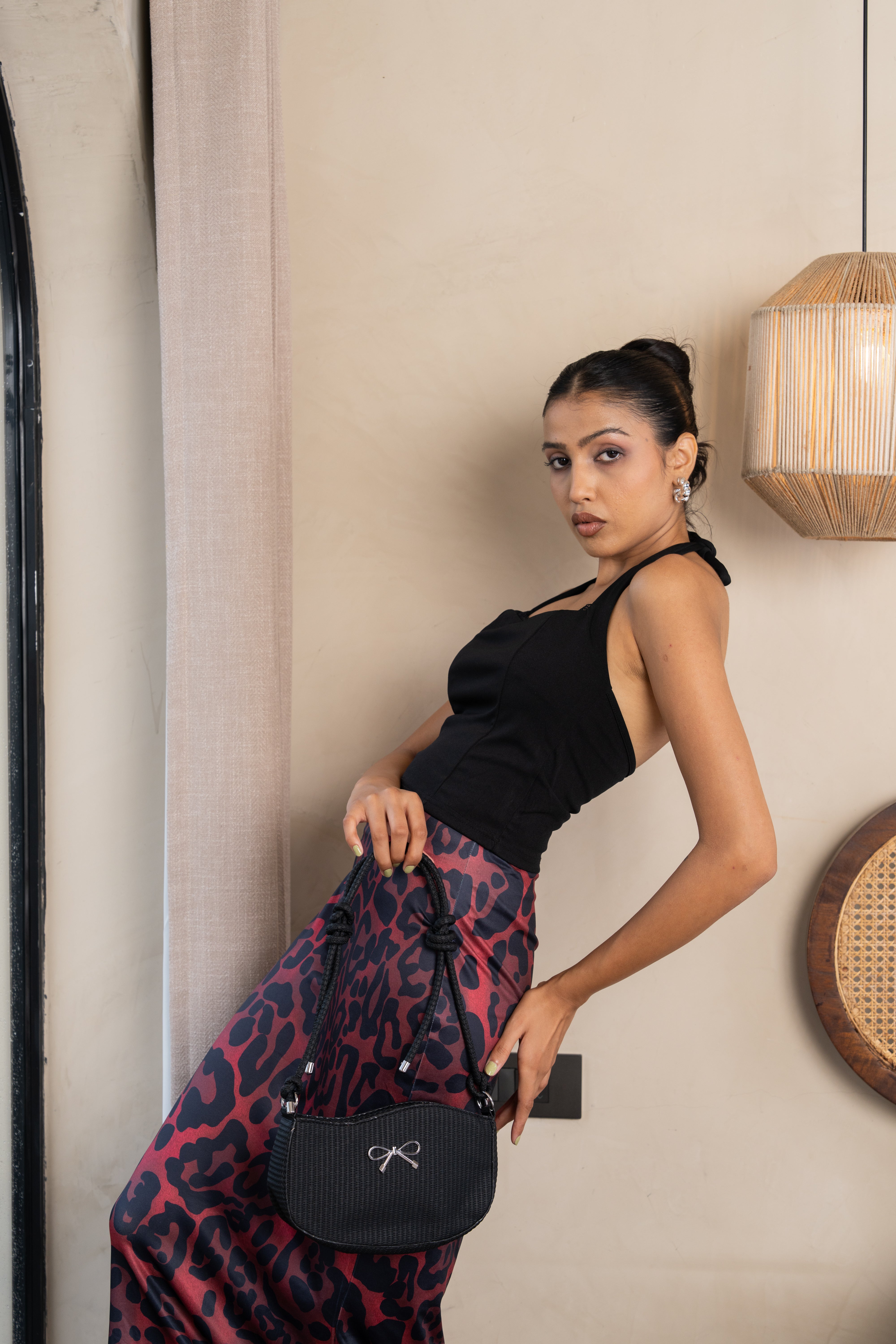 Selene Black Halter Crop Top & Burgundy Leopard Maxi Skirt – Bold Co-ord Set