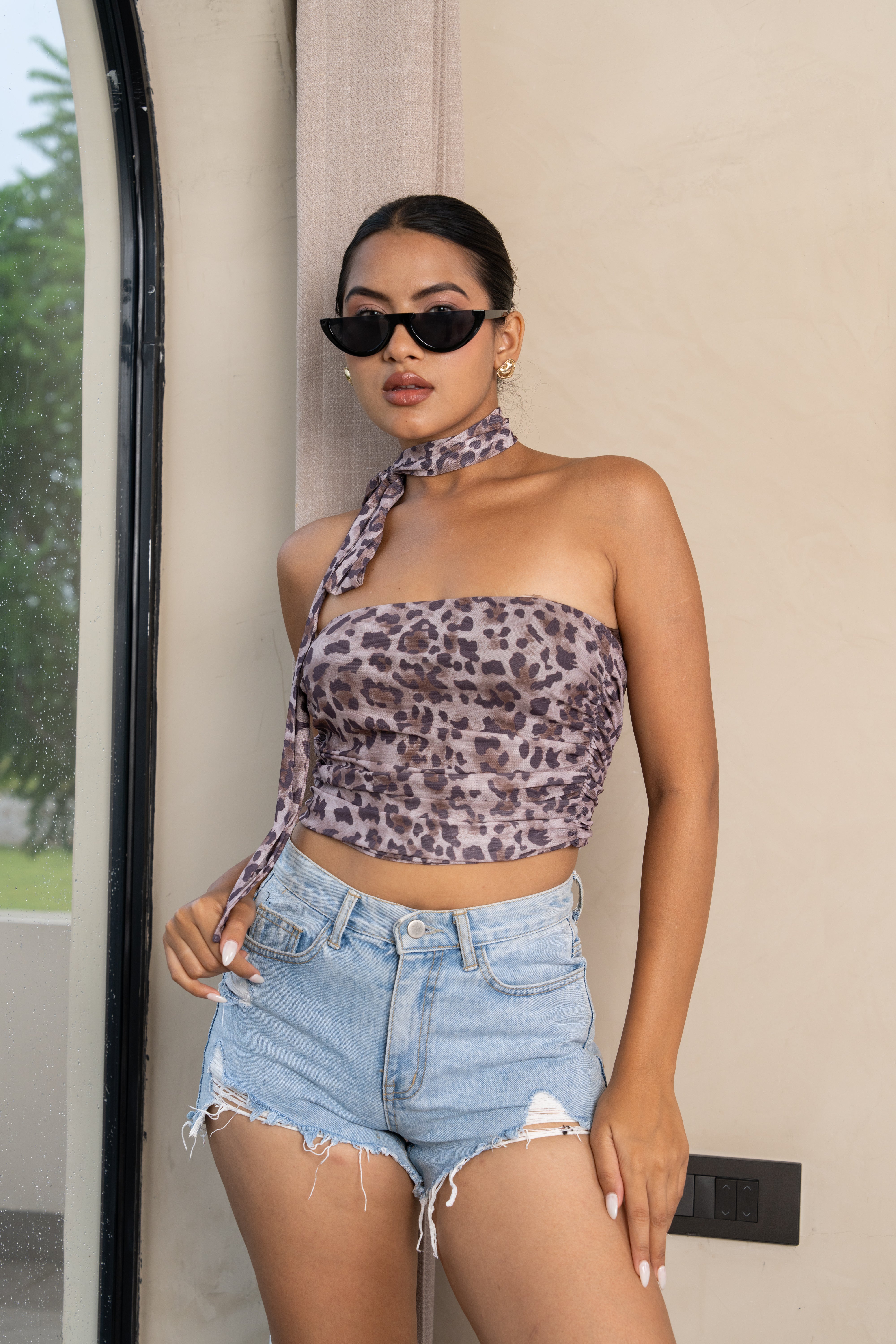 Shasha Brown Leopard Scarf Top – Versatile Halter Wrap