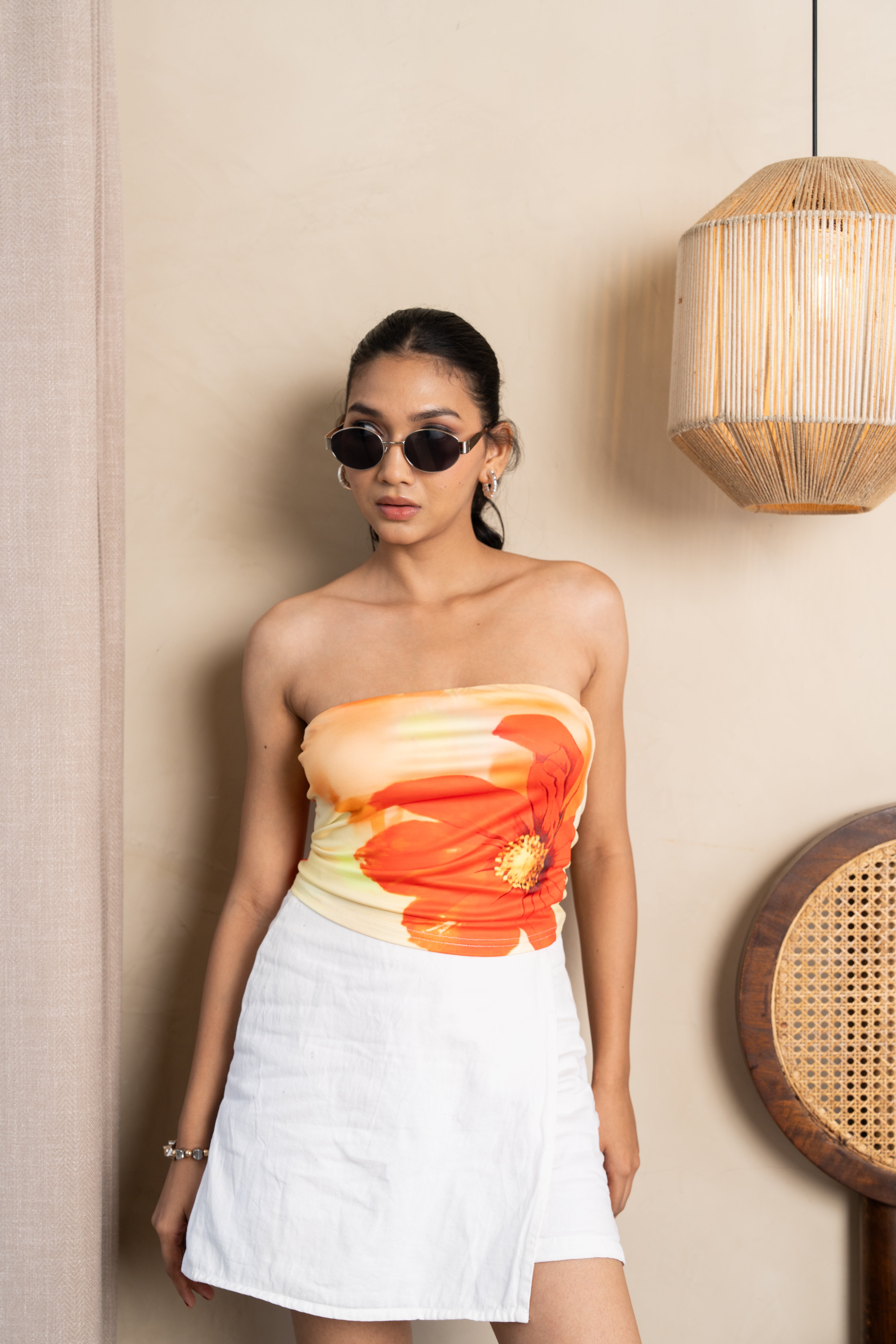 Luna Orange Floral Tube Top – Strapless Summer Crop
