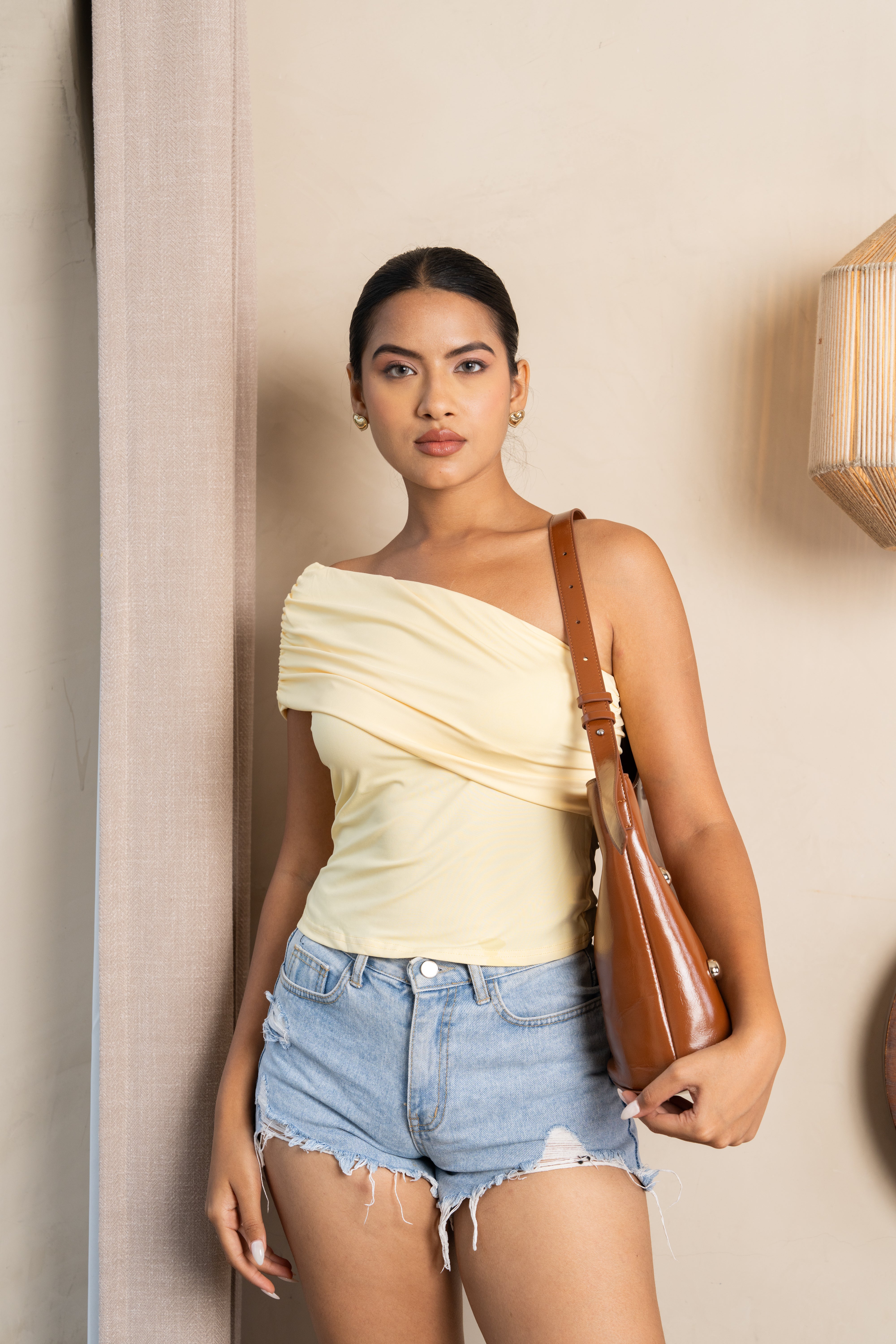 Luna Yellow One-Shoulder Ruched Top – Stylish Draped Essential