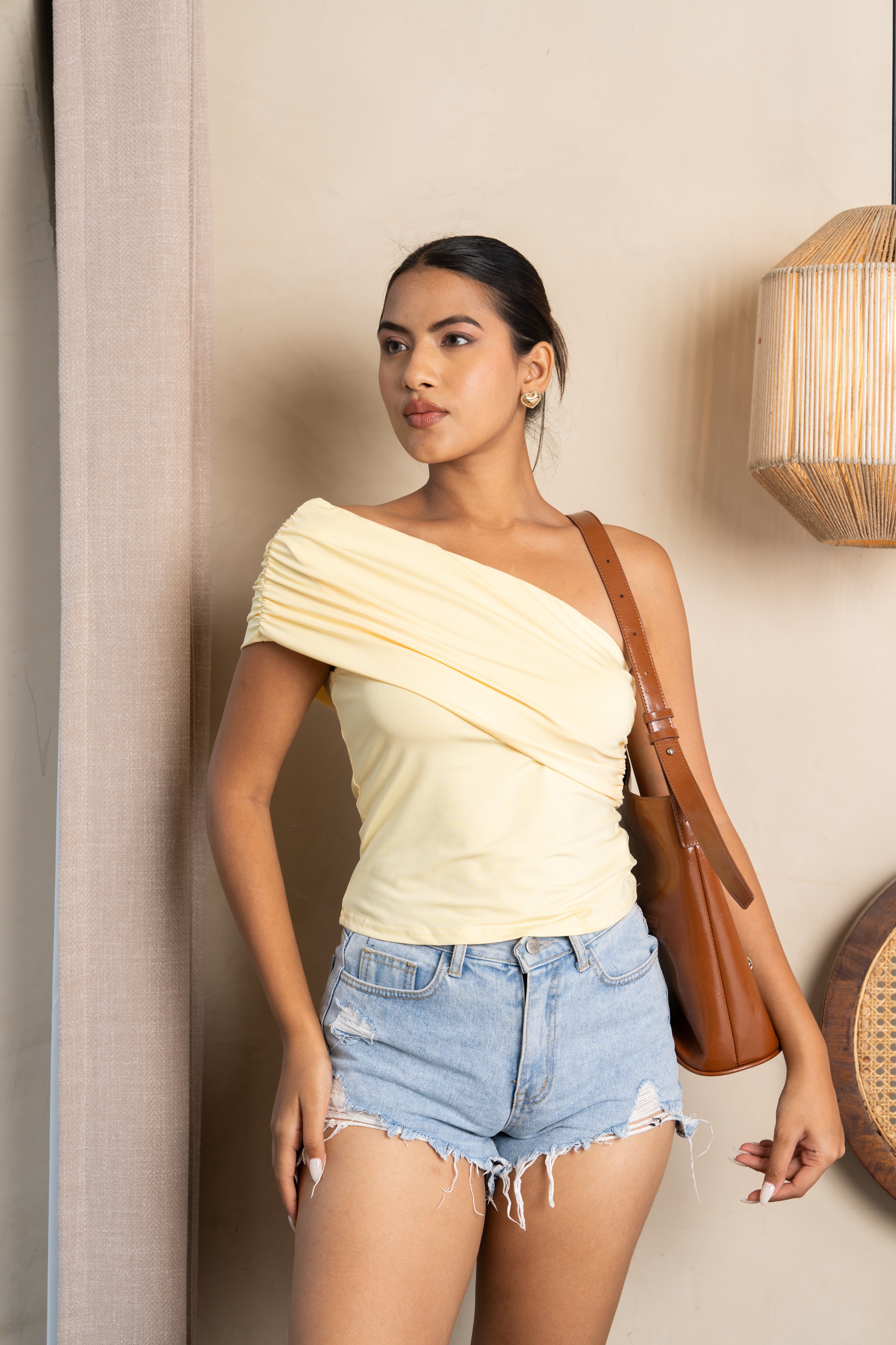Luna Yellow One-Shoulder Ruched Top – Stylish Draped Essential