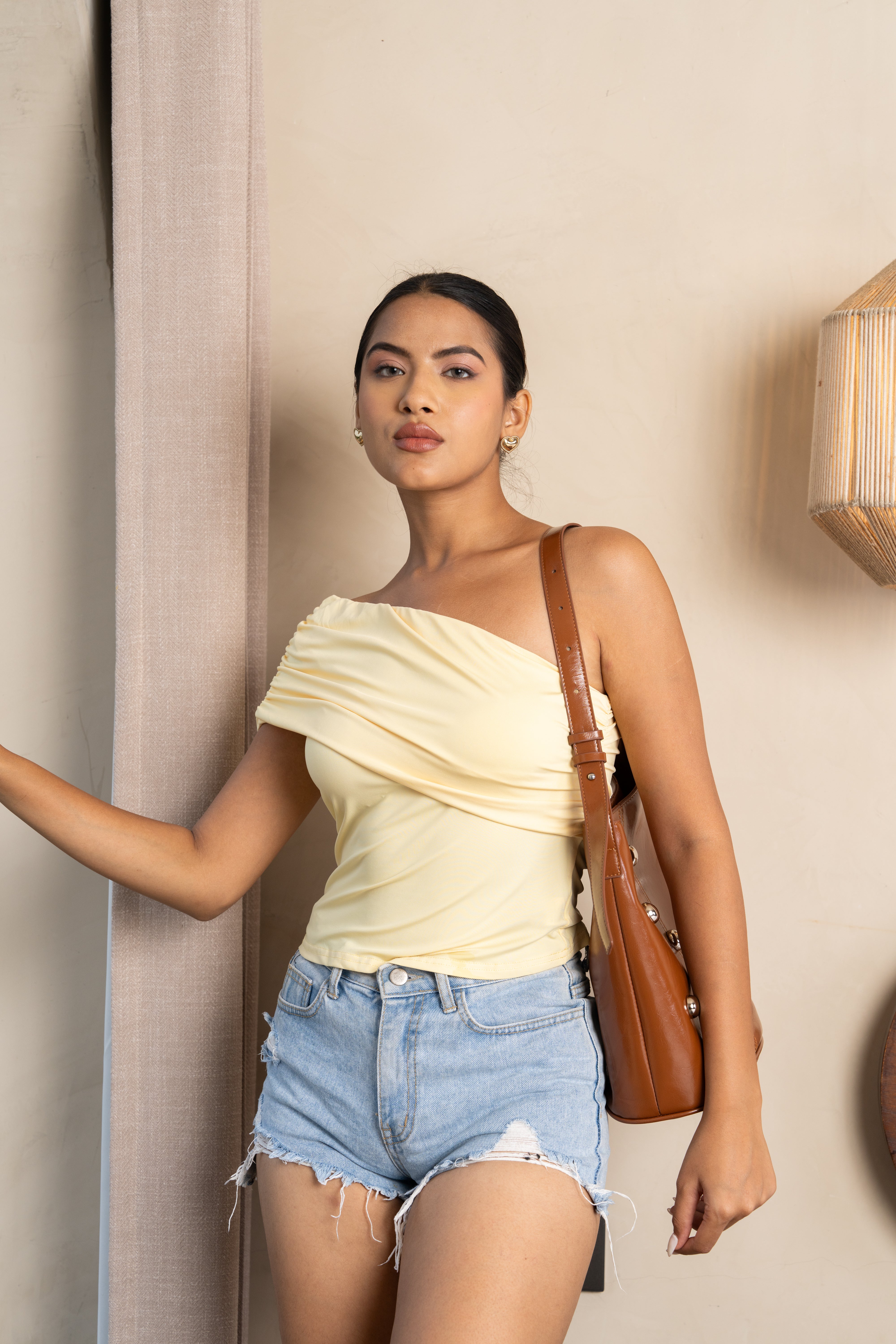 Luna Yellow One-Shoulder Ruched Top – Stylish Draped Essential