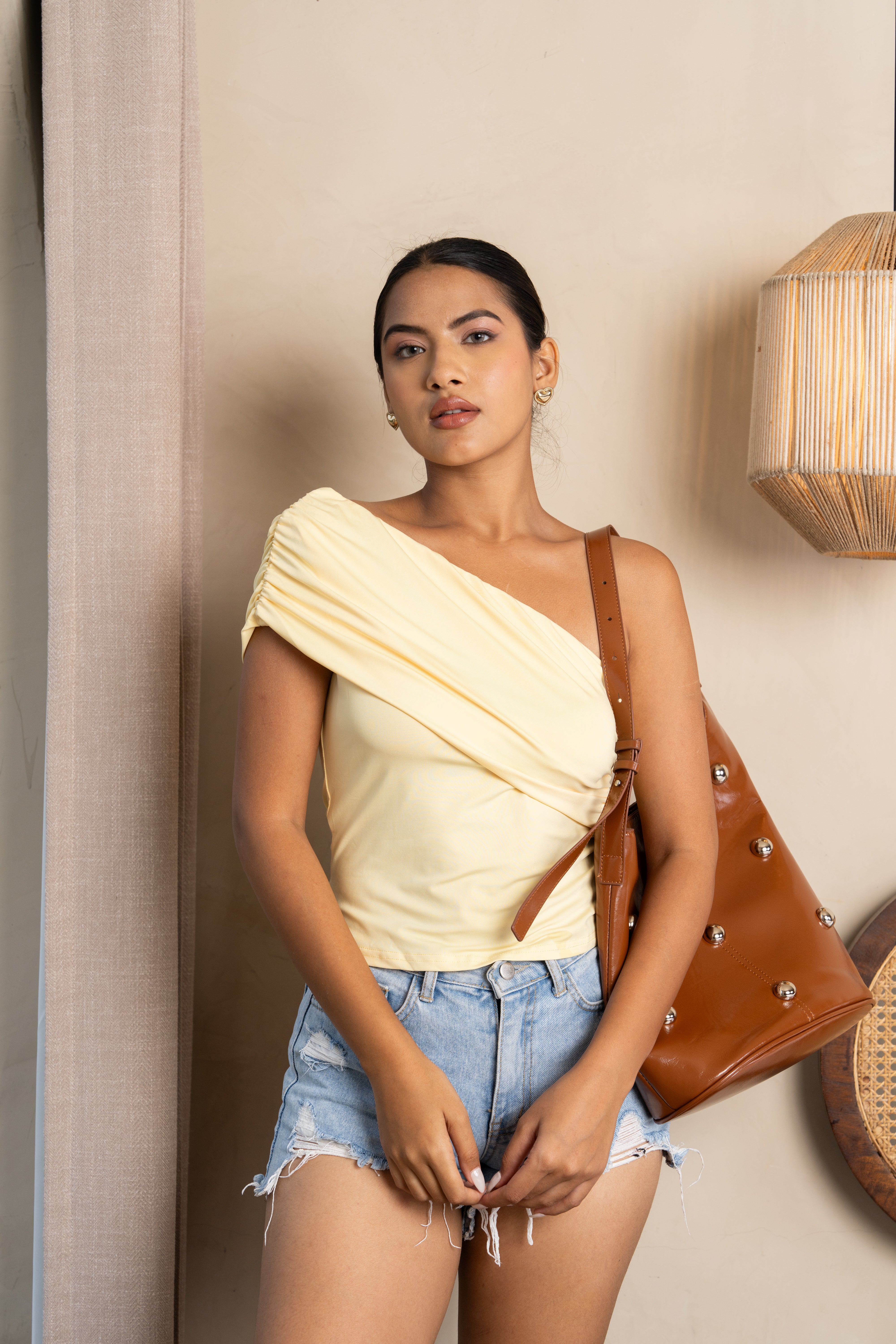 Luna Yellow One-Shoulder Ruched Top – Stylish Draped Essential