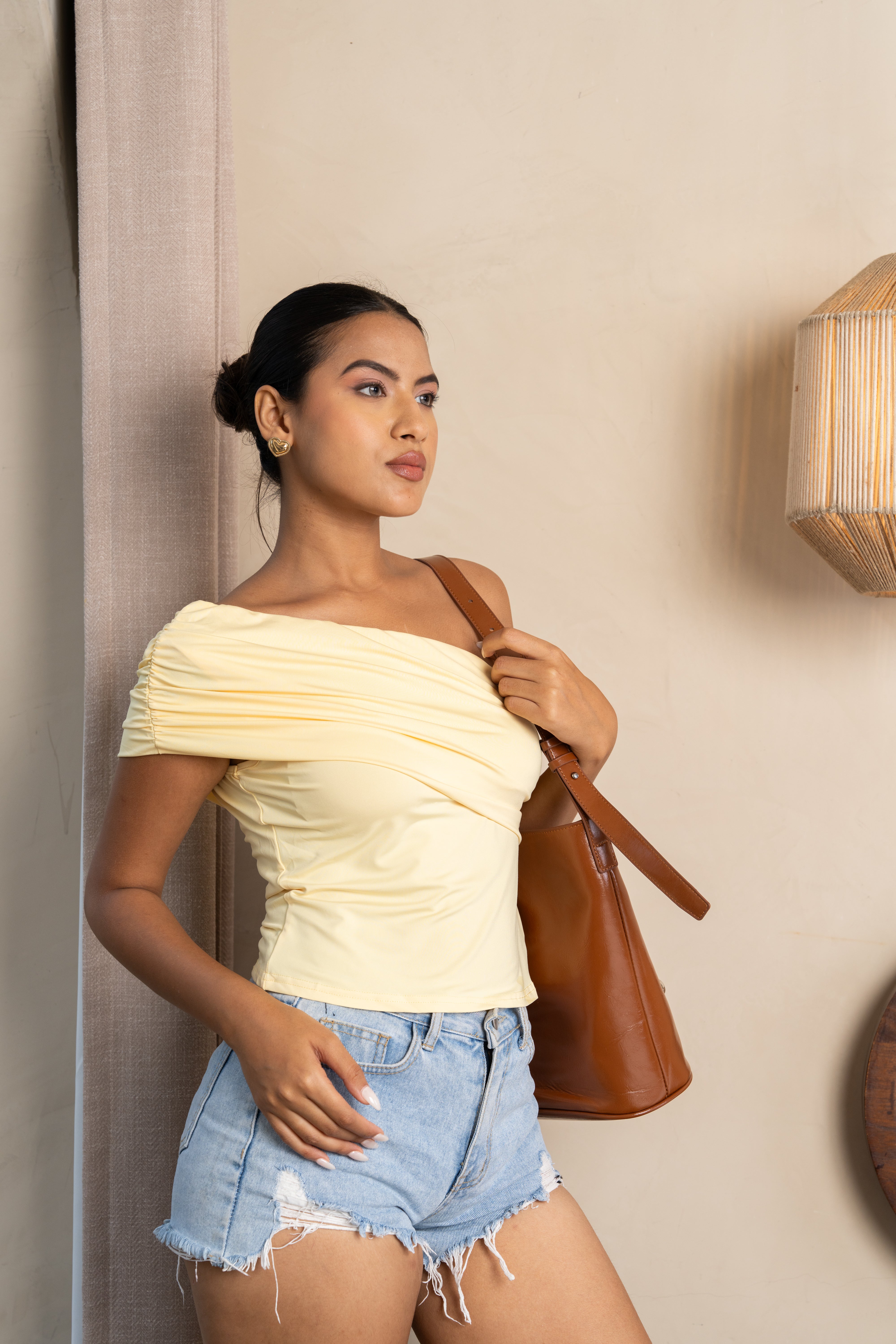 Luna Yellow One-Shoulder Ruched Top – Stylish Draped Essential