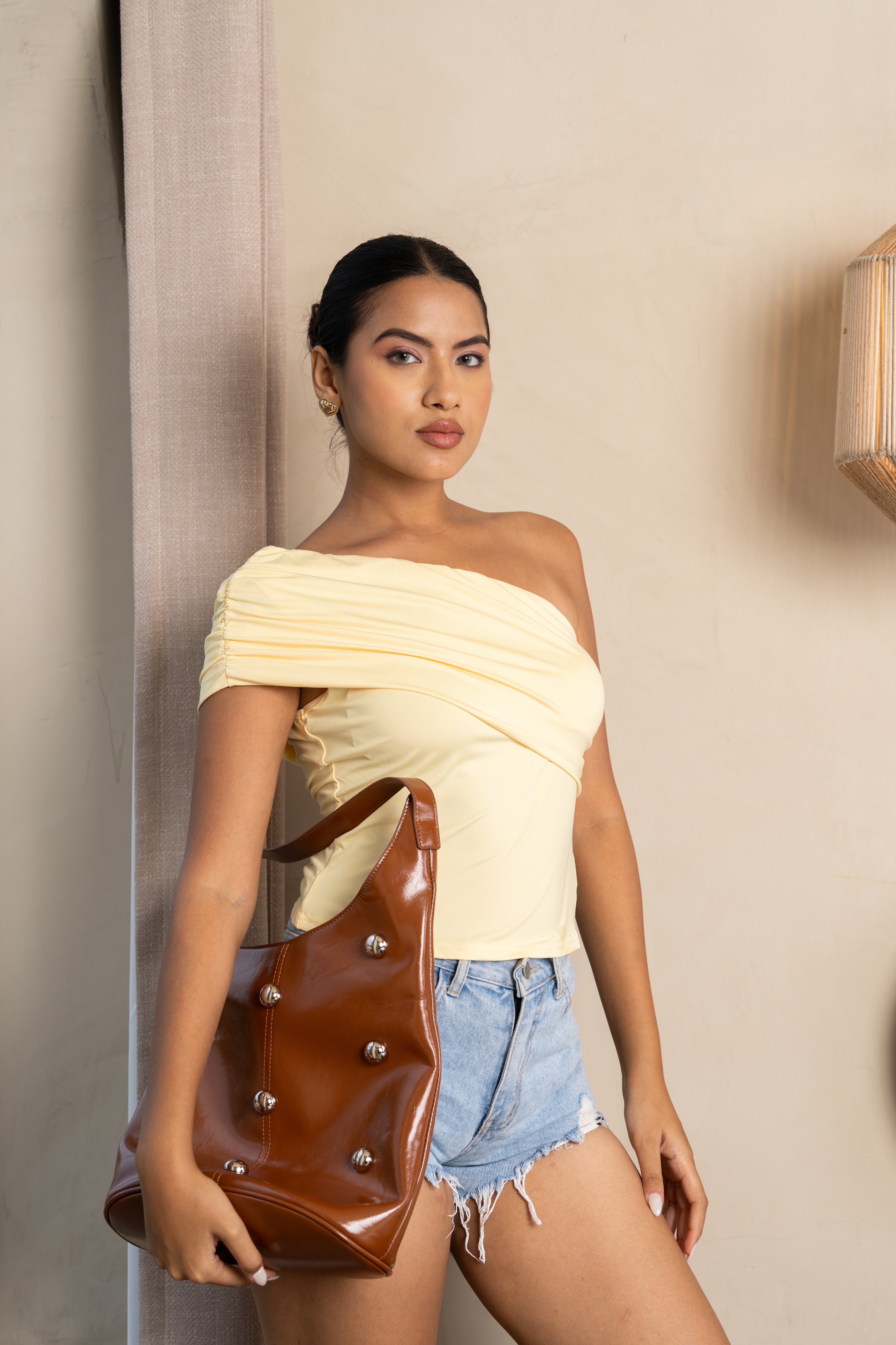 Luna Yellow One-Shoulder Ruched Top – Stylish Draped Essential