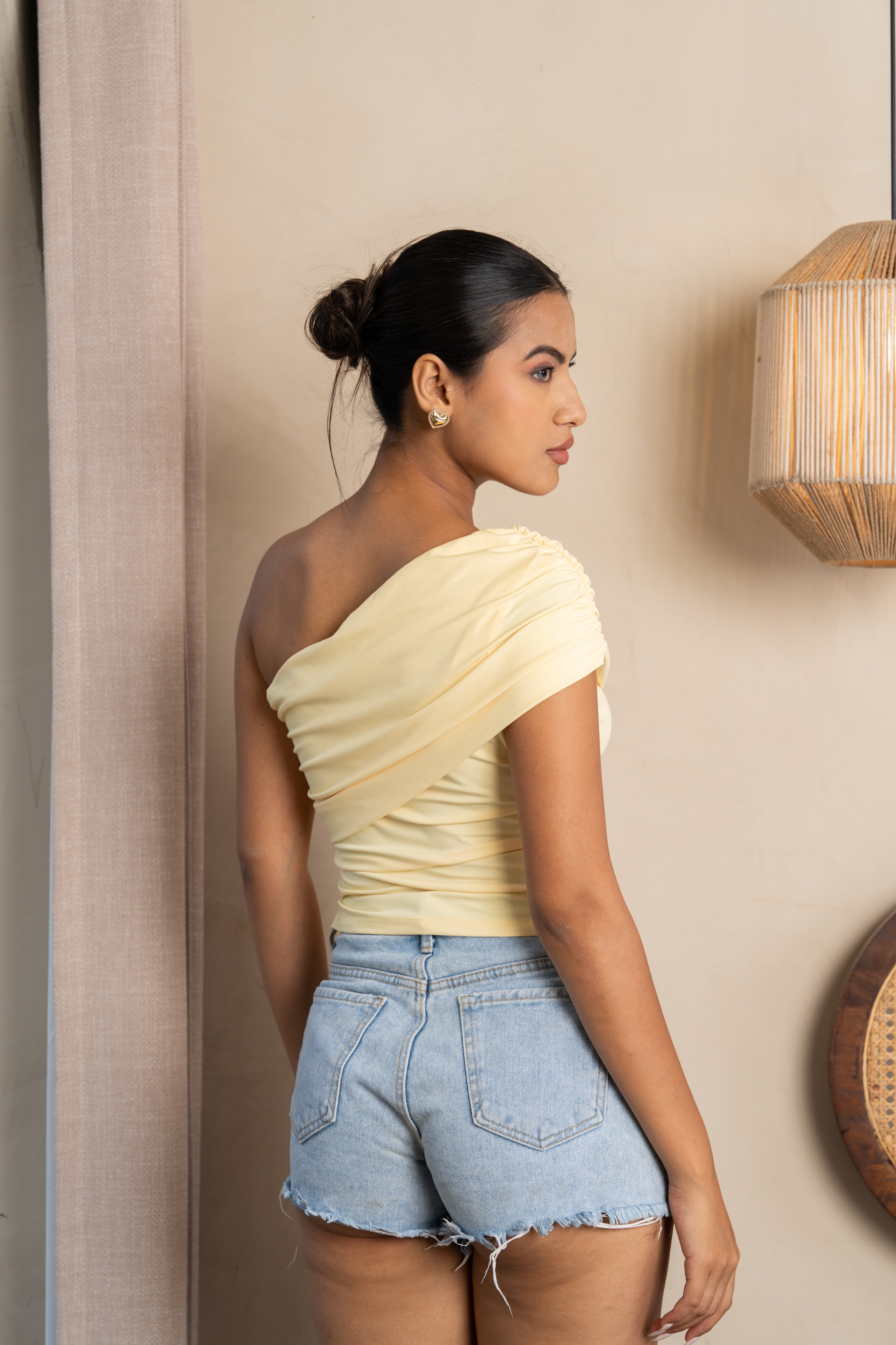 Luna Yellow One-Shoulder Ruched Top – Stylish Draped Essential