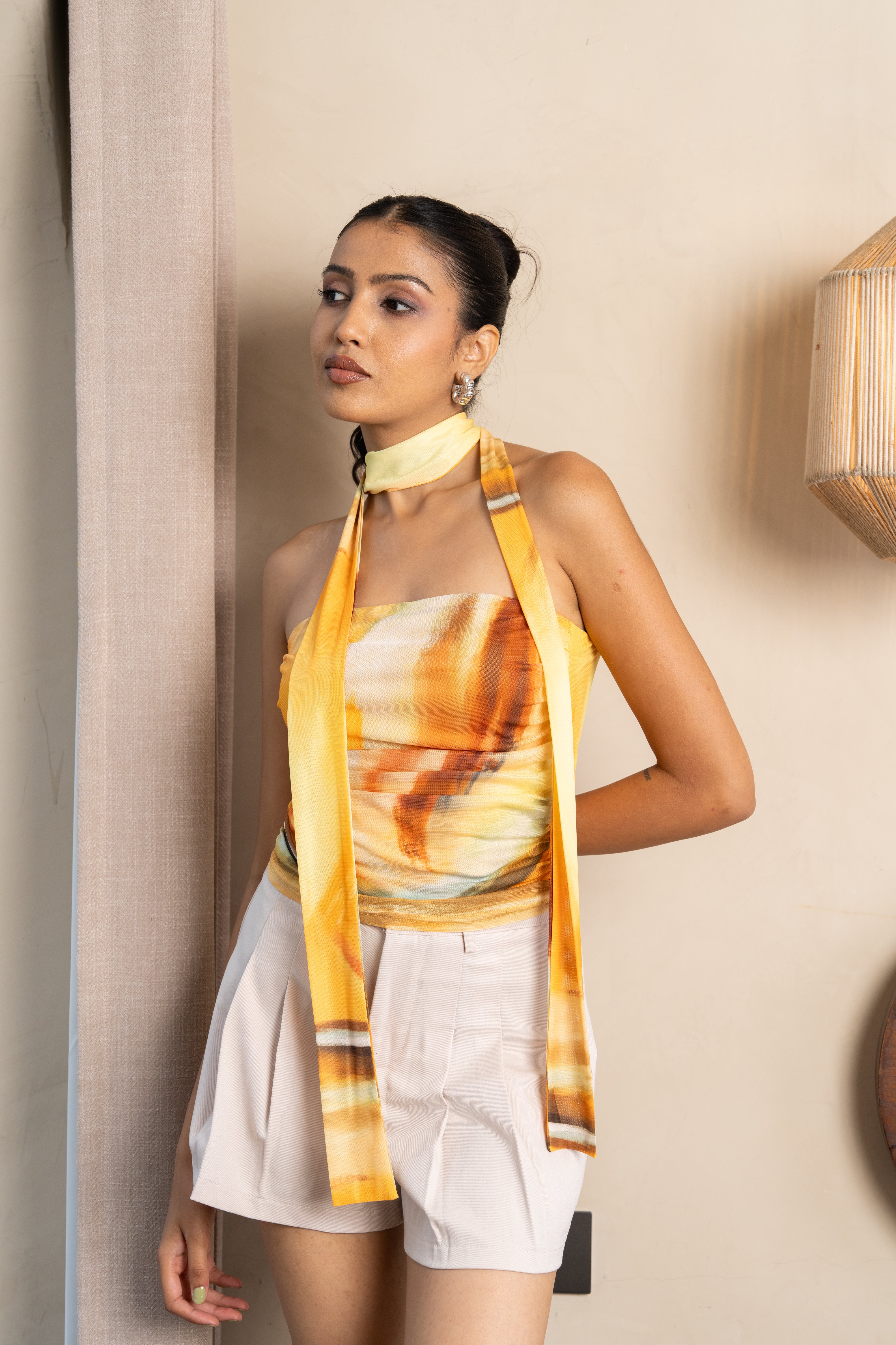 Amber Sunrise Halter Top – Tie-Up Backless Statement Piece