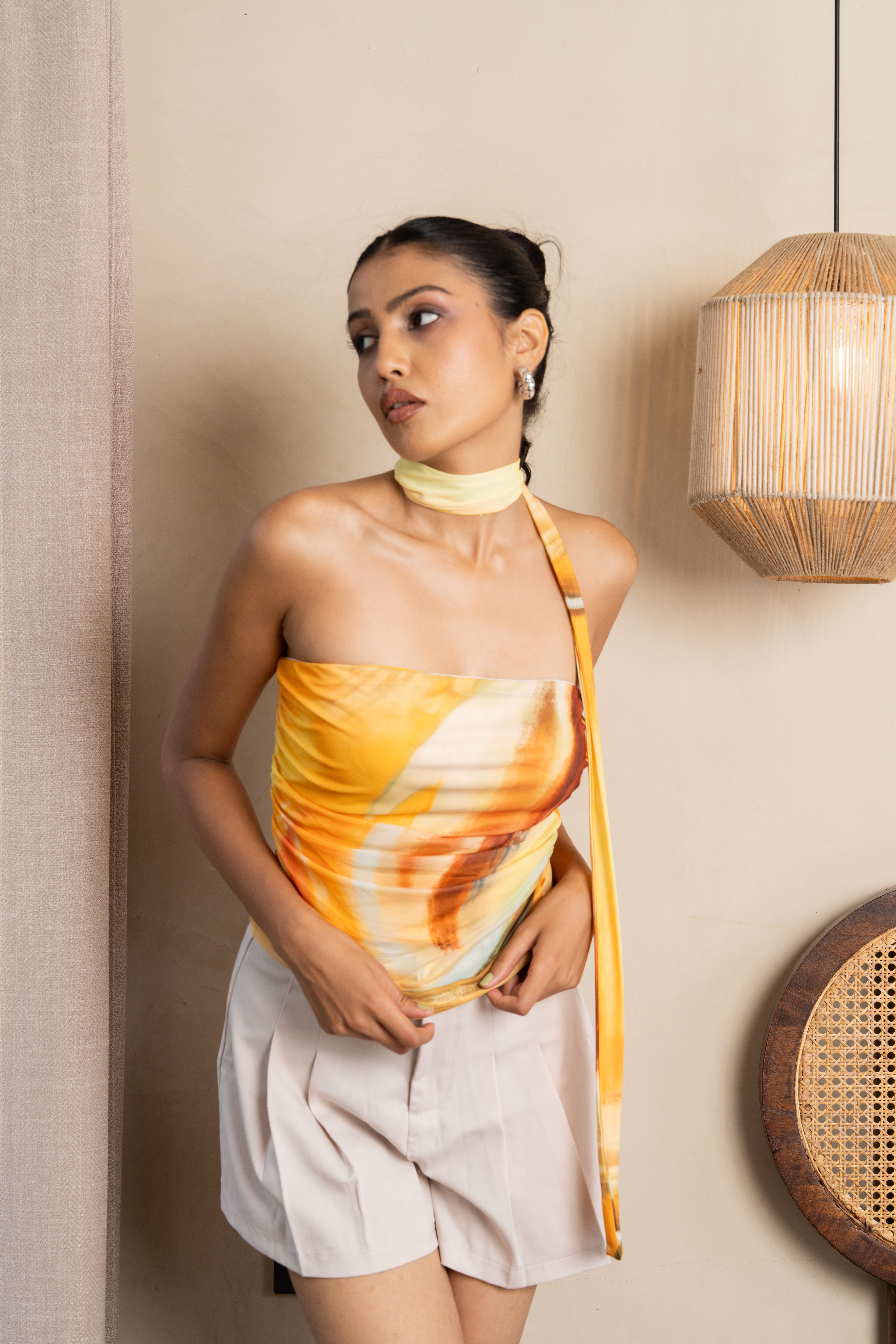 Amber Sunrise Halter Top – Tie-Up Backless Statement Piece